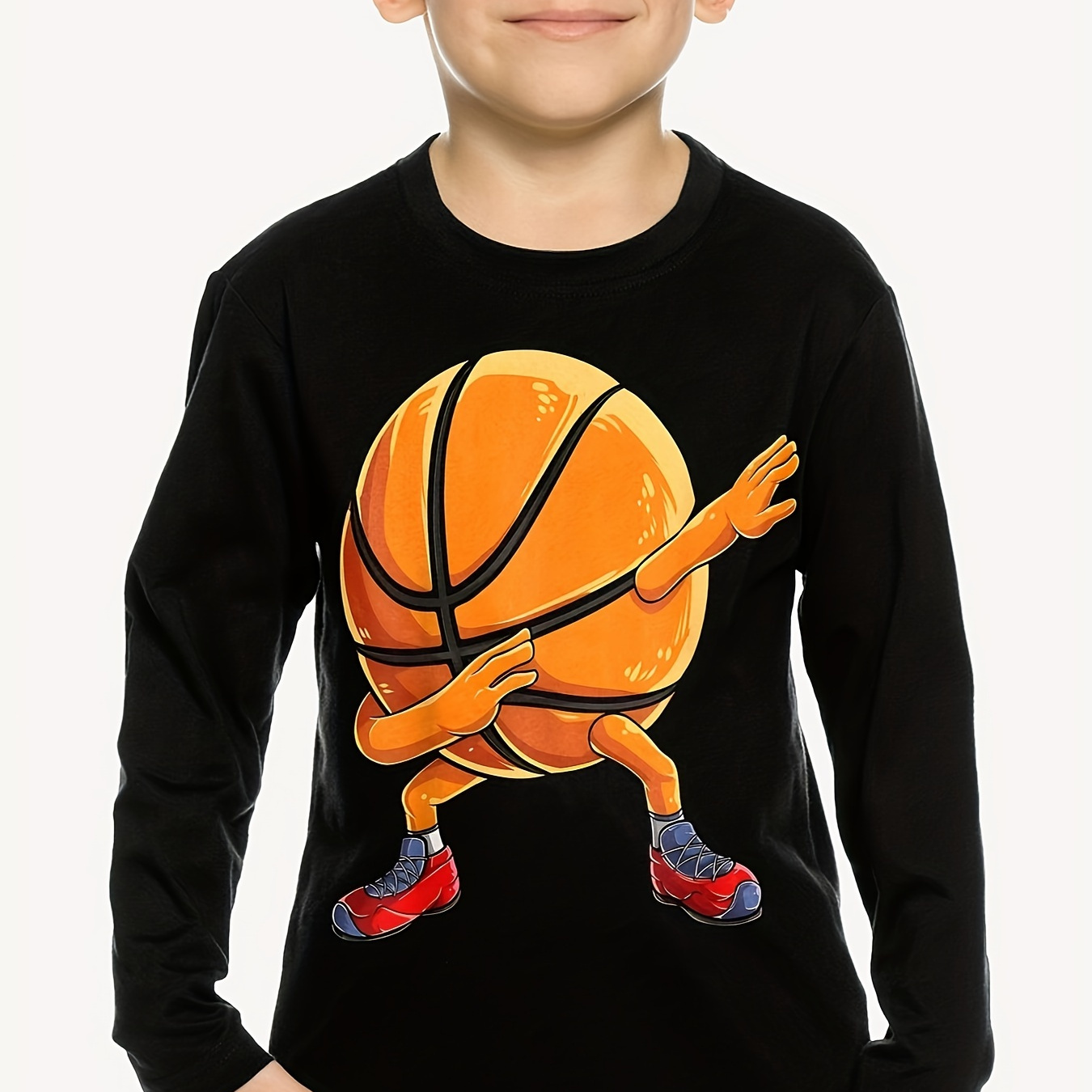 

Dabbing Basketball Print Boys Creative T-shirt, Casual Lightweight And Comfortable Long Sleeve Top, Spring Fall Kids Outgoing Clothes