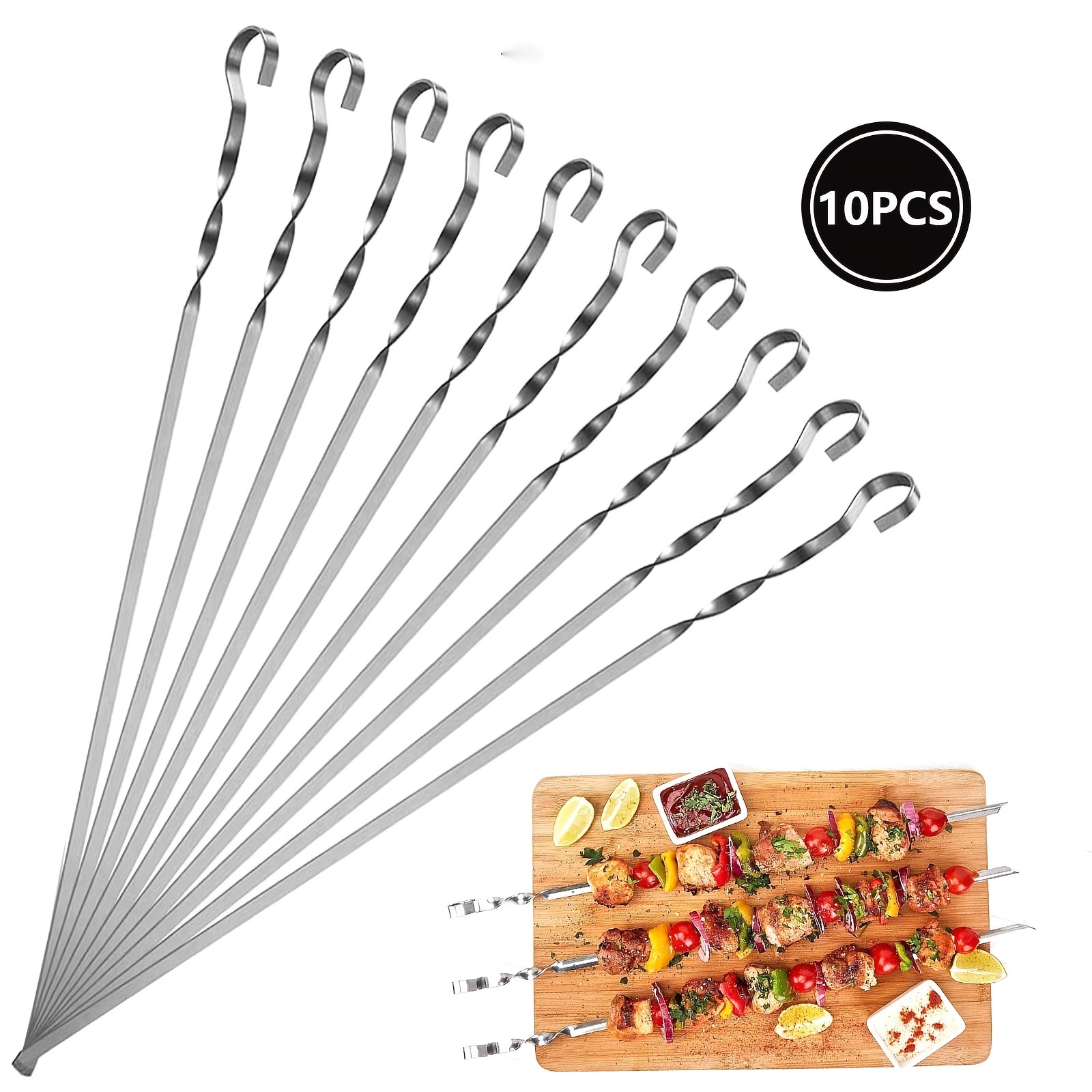 

10pcs Reusable Stainless Steel Barbecue Skewers - Perfect For Outdoor Grilling & Camping!