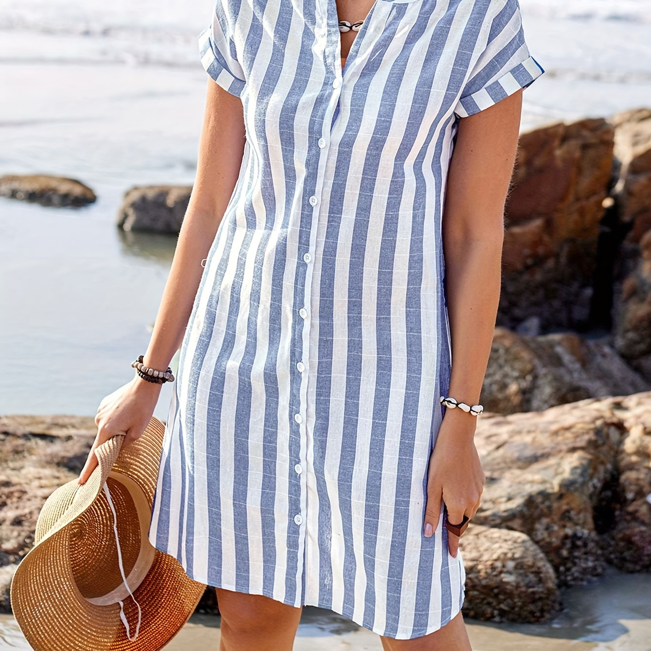

Striped Print Button Front Dress, Casual Short Sleeve Notched Neck Dress For Spring & Summer, Women's Clothing