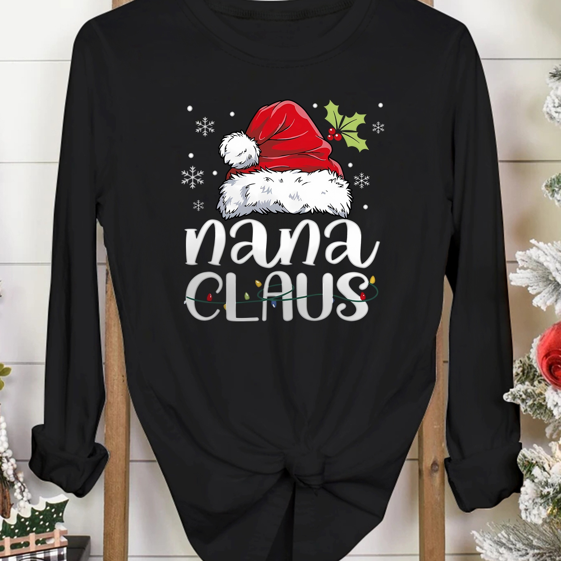 

Women's " Claus" Graphic Long Sleeve T-shirt - 100% Polyester Crew Neck Casual Tee With Medium Stretch – Season Knit Top For Spring/summer/fall