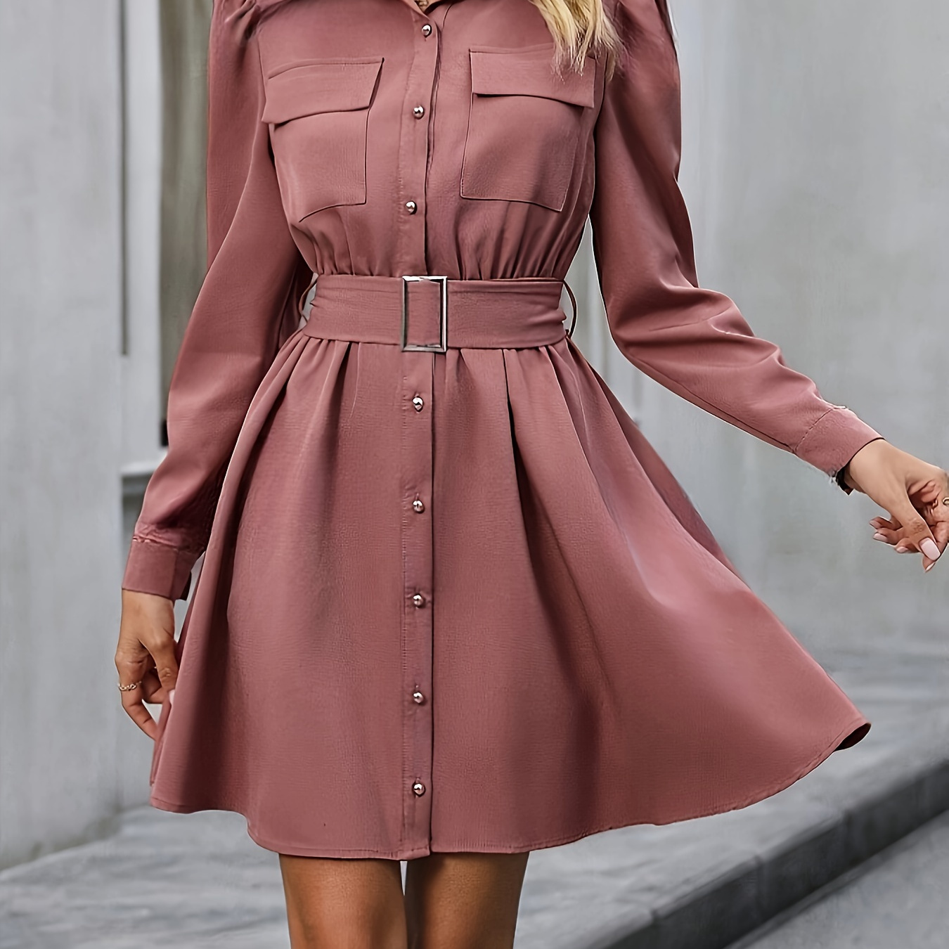 

Plain Color Button Front Shirt Dress, Elegant Long Sleeve Belted A-line Dress For Spring & Fall, Women's Clothing