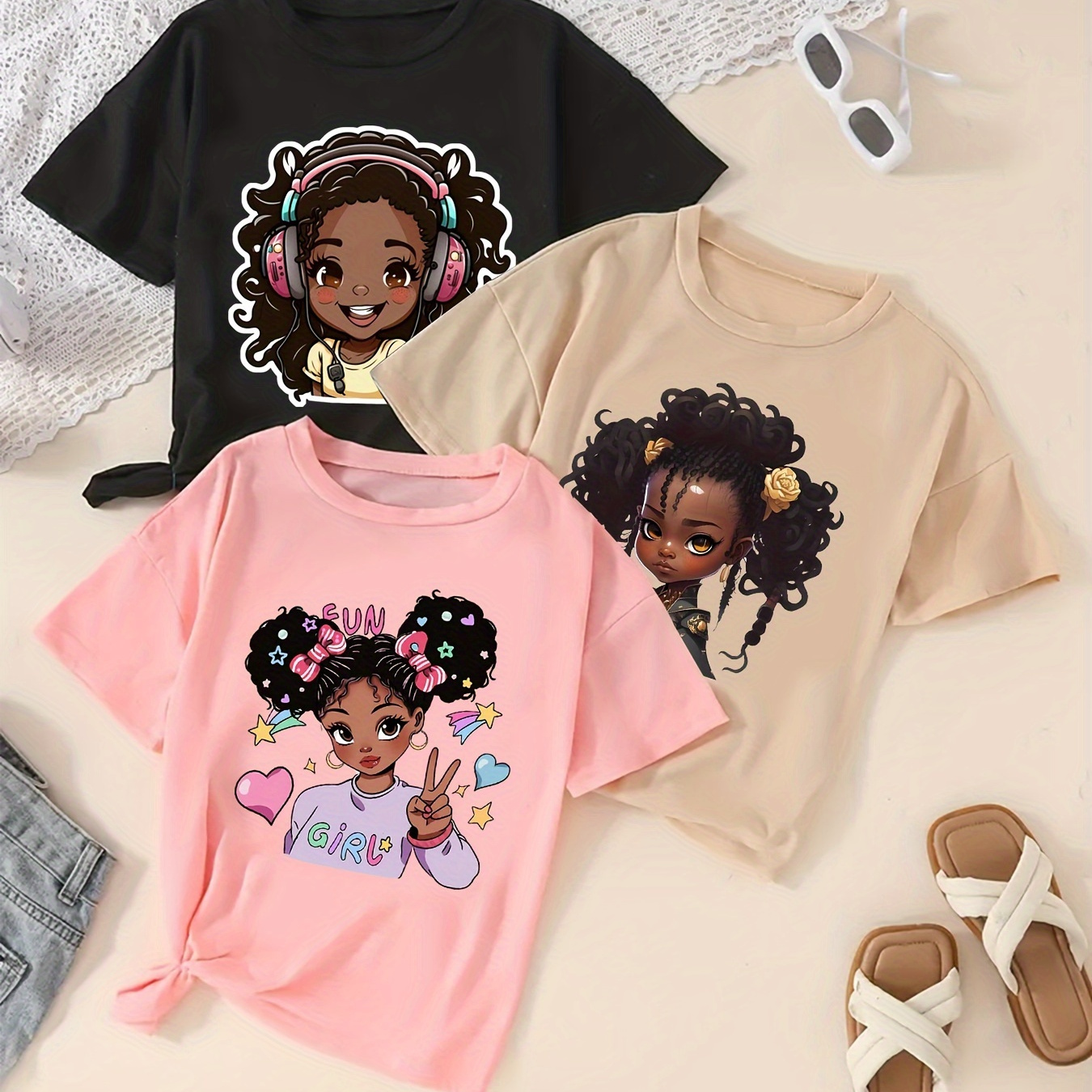 

Cool Cute Cartoon Girls Graphic Print Tees, Girls' 3pcs/set Casual & Trendy T-shirts For Spring & Summer, Girls' Clothes For Outdoor Activities