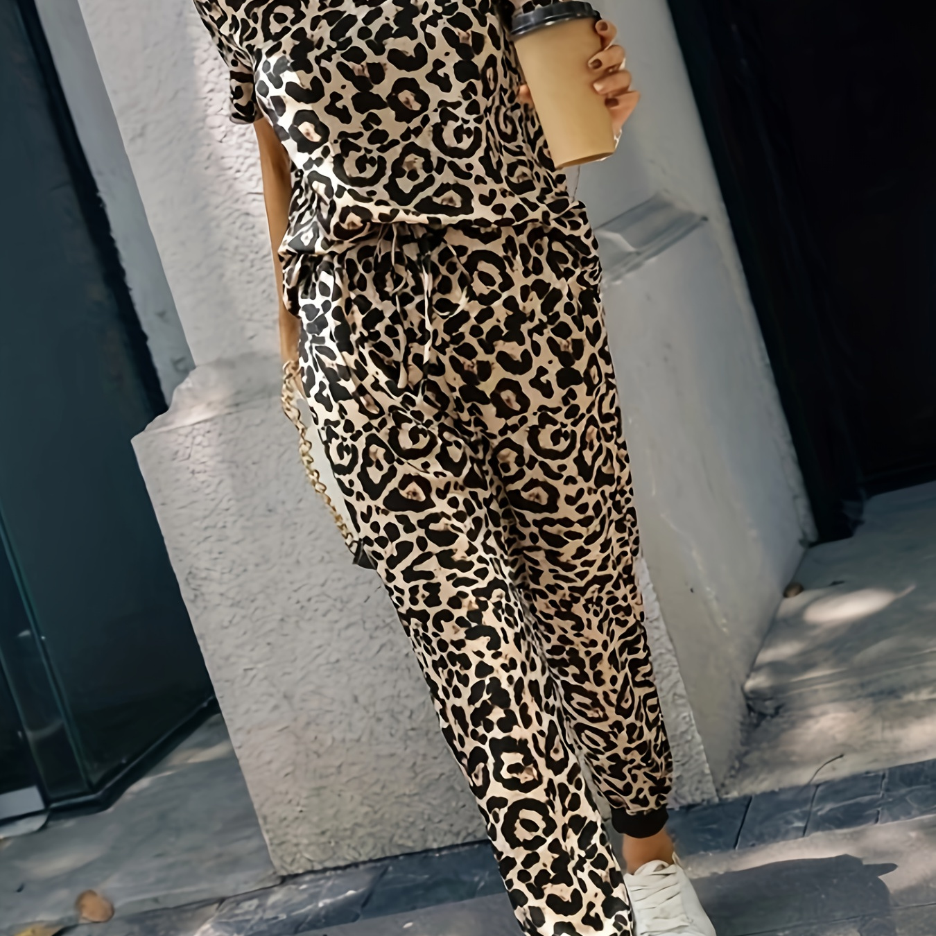 

Leopard Print Two-piece Set, Casual Short Sleeve Top & Drawstring Pants Outfits, Women's Clothing