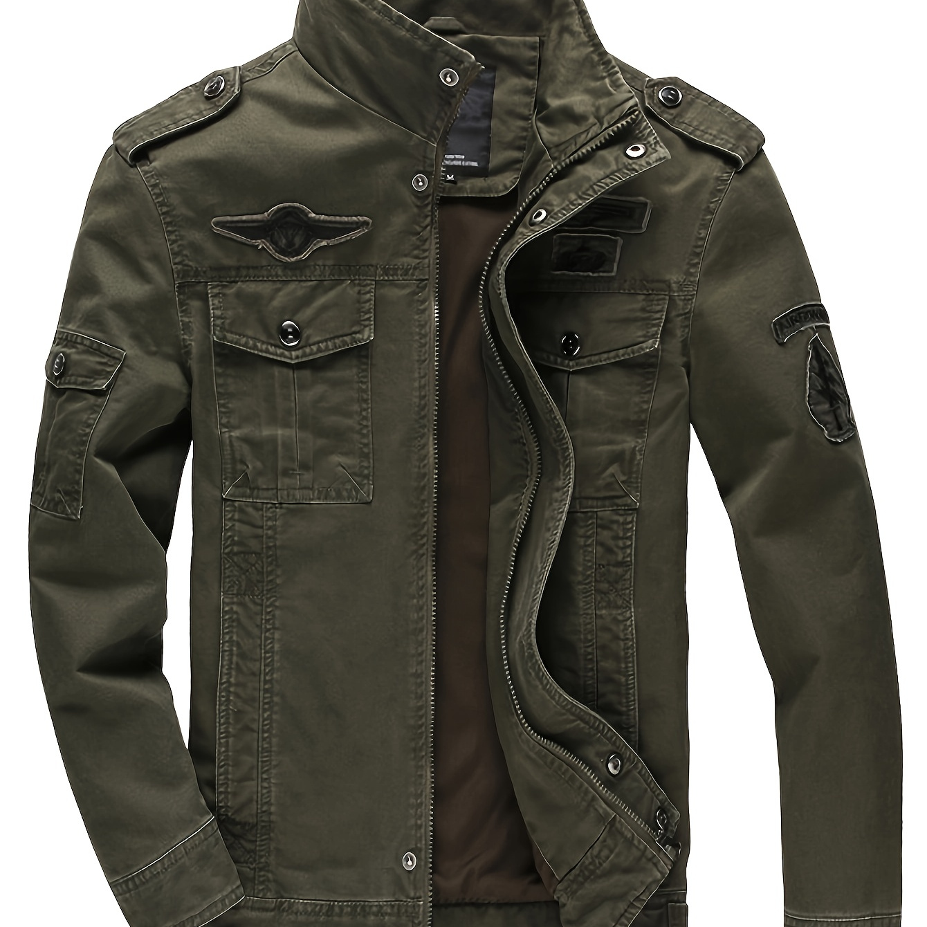 

Men's 100% Cotton Solid Color Emblem Patched Cargo Jacket, Casual Stylish Long Sleeve Windbreaker Warm Coat Outdoor Clothes