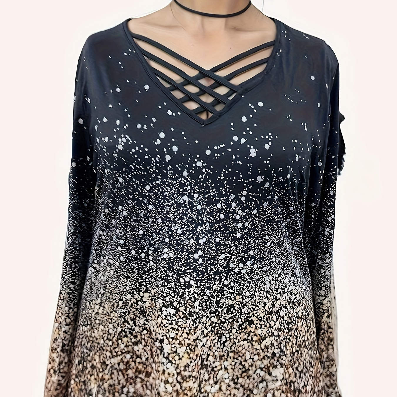 

1pc Women's Plus Size V-neck Long Sleeve T-shirt With Straps, , Gradient , Polyester Knit Fabric, Stretchy, All Fashion Top