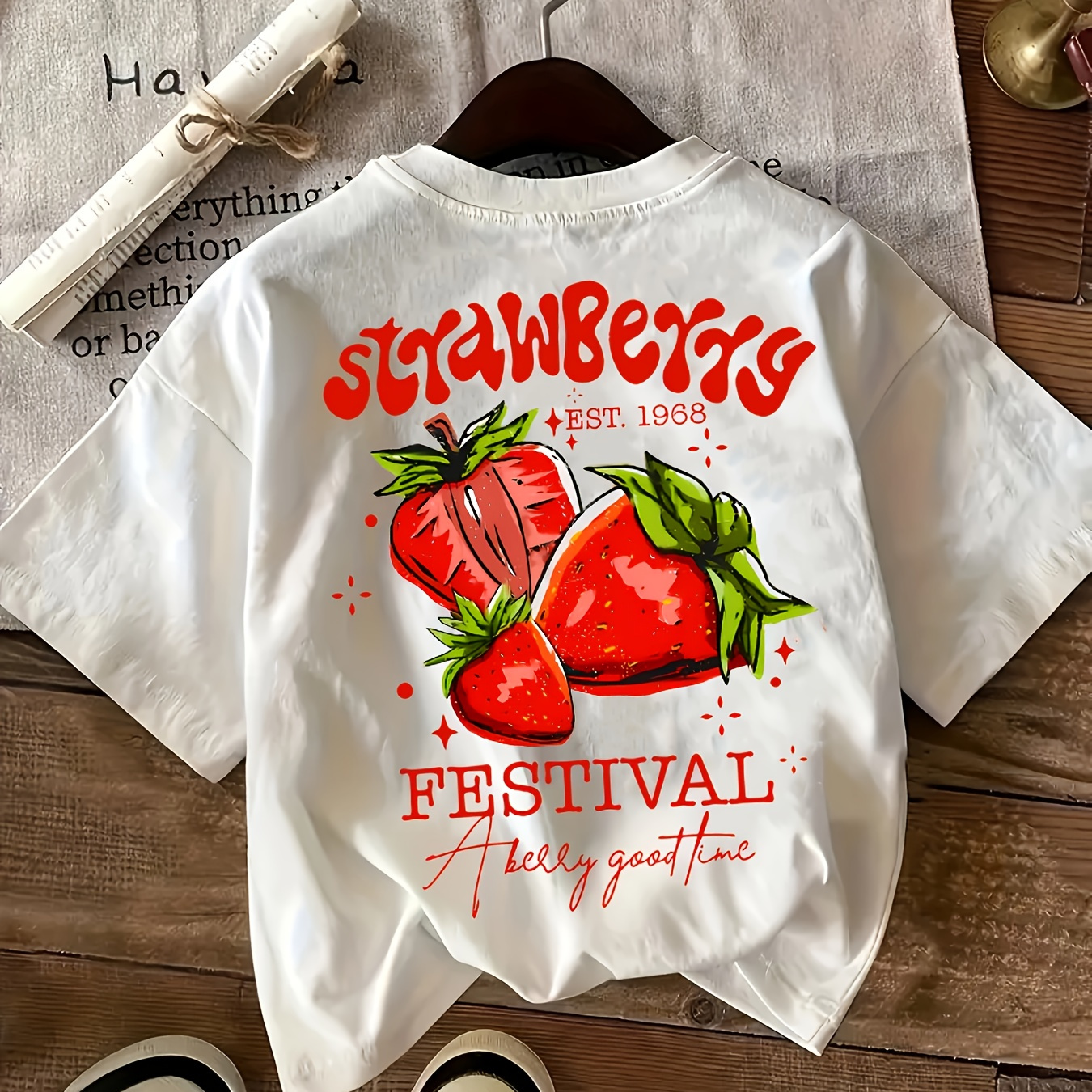 

Letter & Strawberry Print Crew Neck T-shirt, Casual Short Sleeve T-shirt For Spring & Summer, Women's Clothing