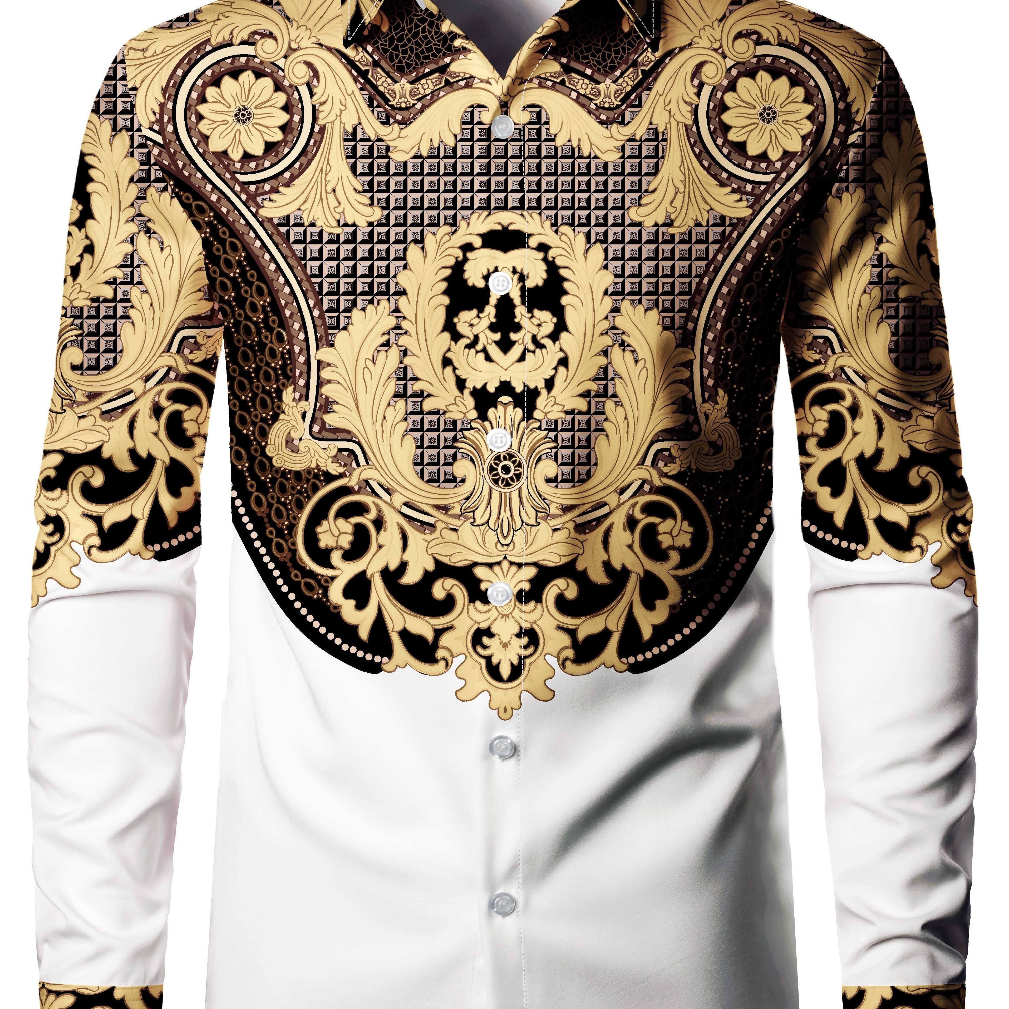 

Vintage Baroque Print Long Sleeve Shirt For Men - Polyester Woven Button-down Casual Shirt With Tribal Pattern, Regular Fit,