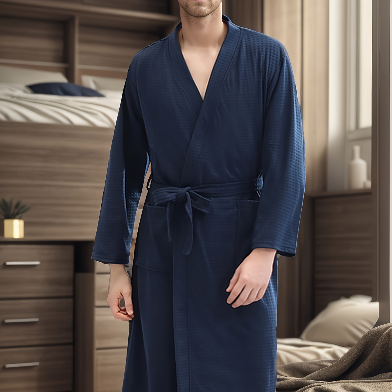 

Men's Waffle Knit Soft Bathrobe, Loose & Comfy Sleepwear Robe, Absorbent Quick Dry Spa Robe For Home, Casual Style Pajama