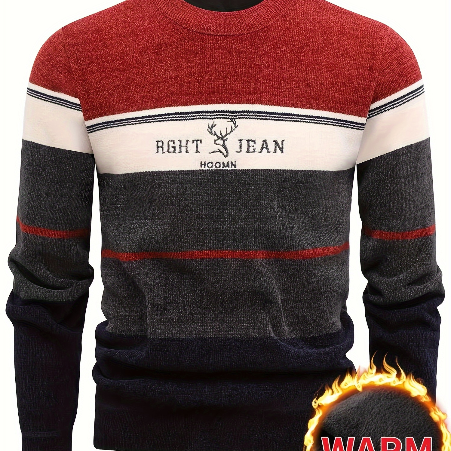 

Men's Casual Striped Sweater With Embroidered Deer Antlers, Long Sleeve, Polyester, Knit Fabric, Regular Fit, Round Neck, Top