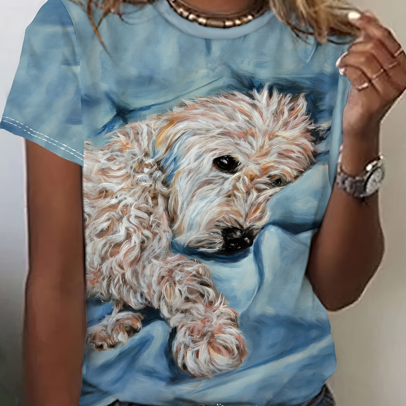 

Cute Dog Print Crew Neck T-shirt, Short Sleeve Casual Top For Spring & Summer, Women's Clothing