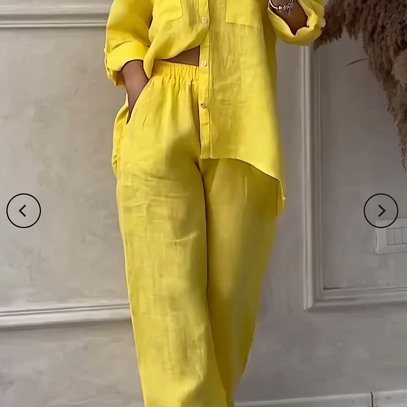 

Women's Casual Polyester Two-piece Pantsuit With Collar And Solid - Woven Fabric, Full-length Regular Top & Pants Set (1 Clothes 1 Pants), Suitable