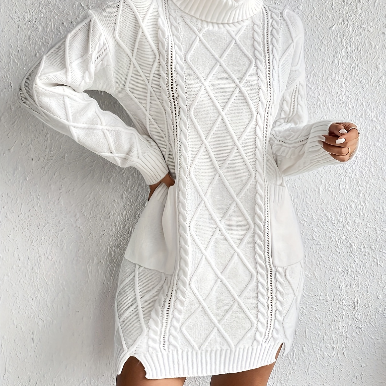 

Plus Size Cable Knitted Sweater Dress, Stylish Turtleneck Dual Pockets Long Sleeve Dress For Fall & Winter, Women's Plus Size Clothing