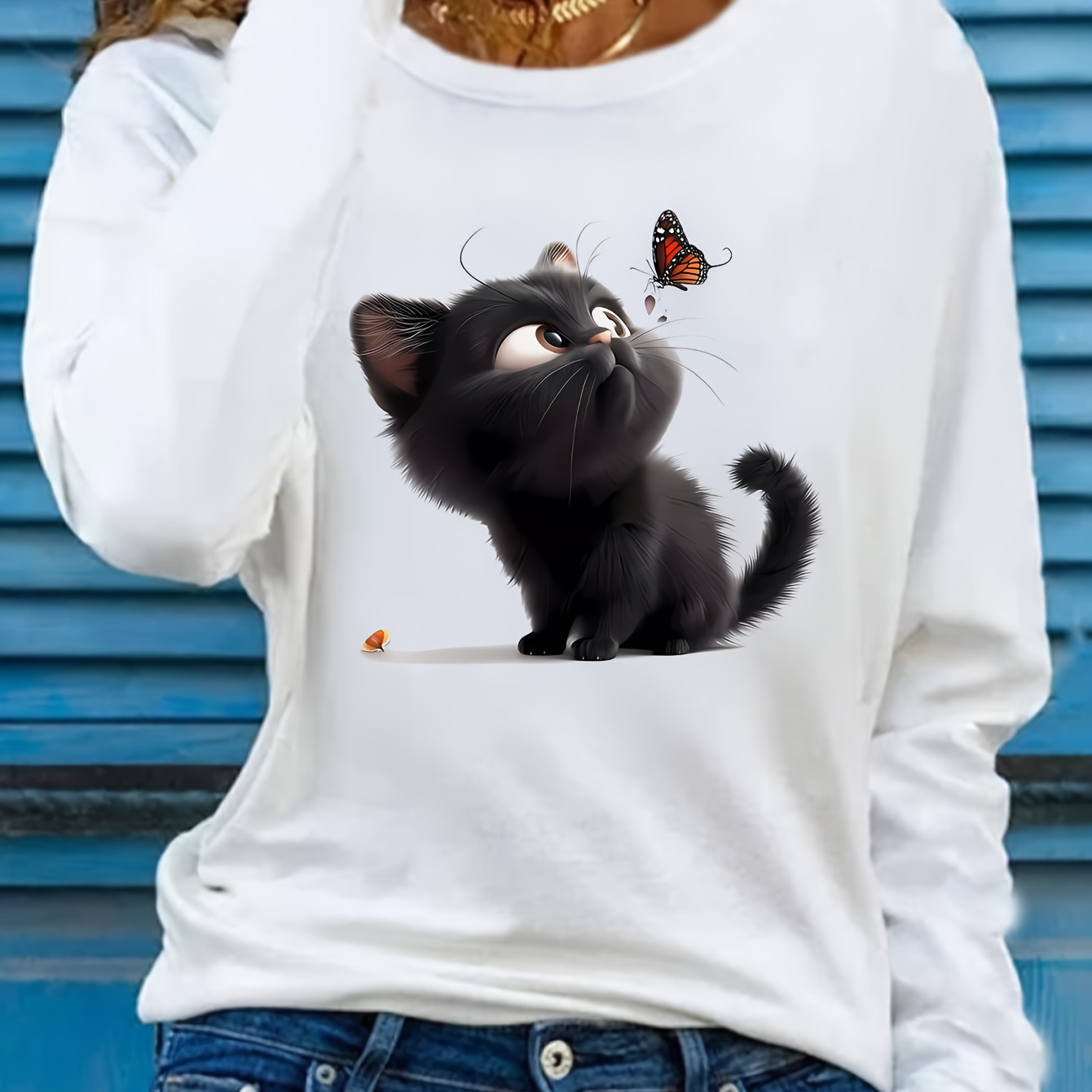 

Women's Black Cat & Graphic Long Sleeve T-shirt - Cozy Polyester Crew Neck Top, Machine Washable, Ideal For Spring & Fall, Cat Shirt