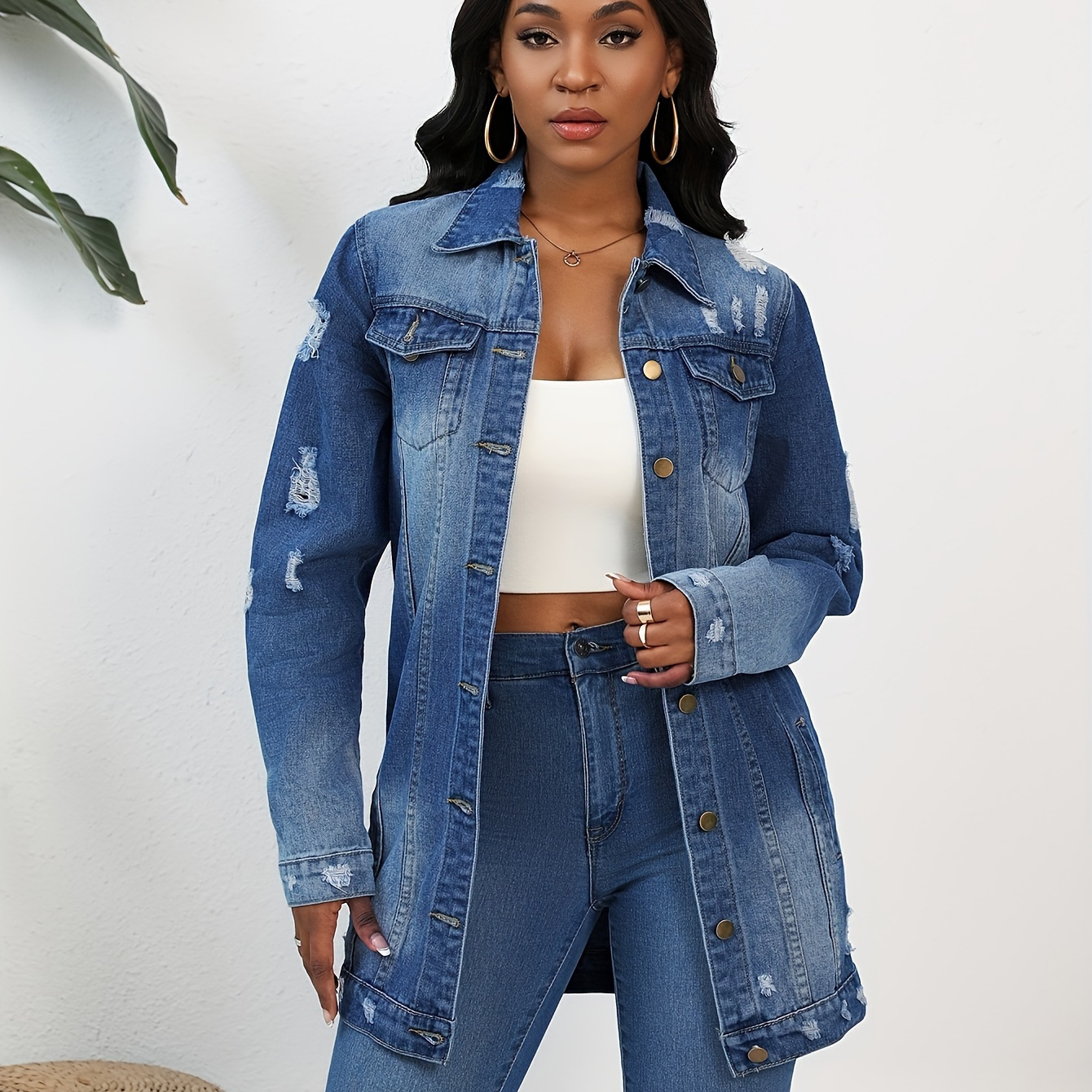 

Women Fashion Solid Ripped Turn-down Collar Jean Jacket For Women Loose Casual Blue Fashionable Women Coats Female Outwear Denim Dark For Women