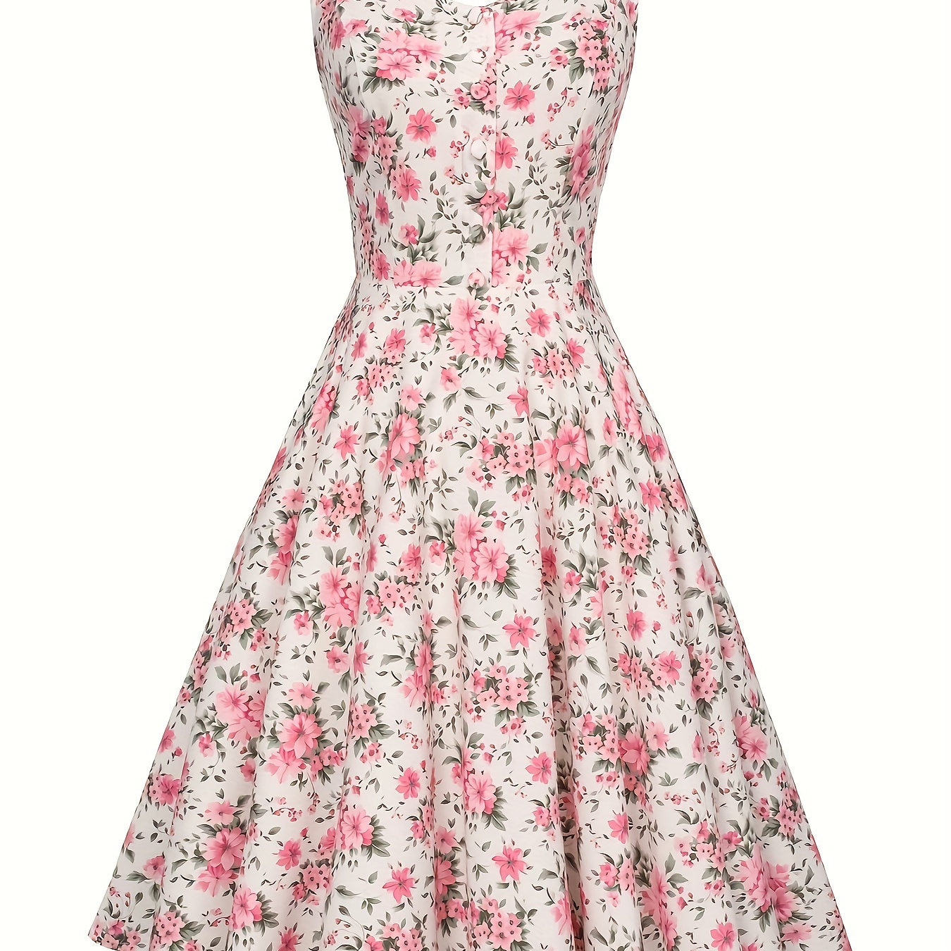 

Robe à bretelles à imprimé floral, robe plissée à faux boutons élégante pour les vacances, style printemps et été, vêtements pour femmes.