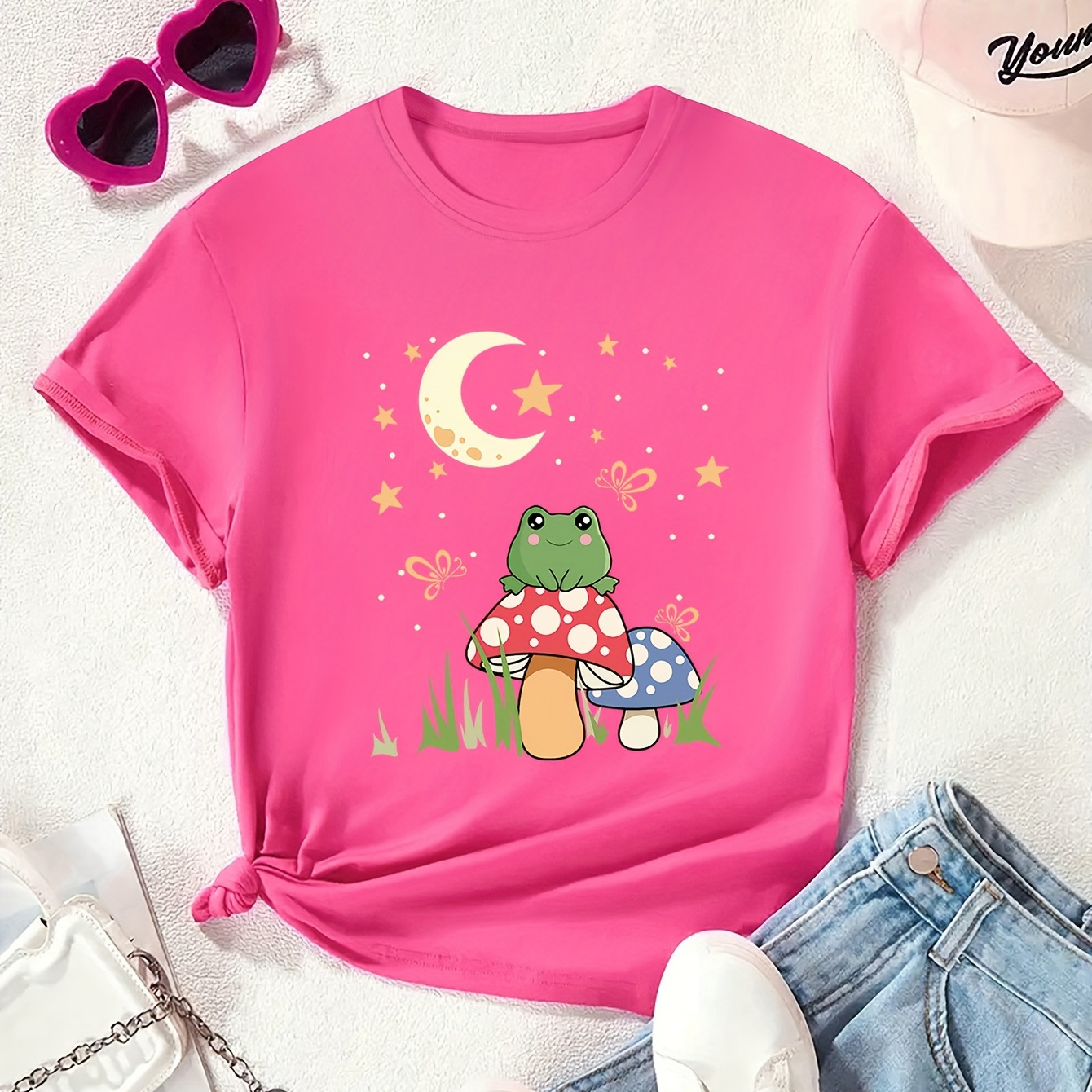 

Girls Summer Casual Fashion Frog & Mushroom & Moon & Star Printed T-shirt Top, Short Sleeves, Round Neck, Comfort Fit - Youthful Style