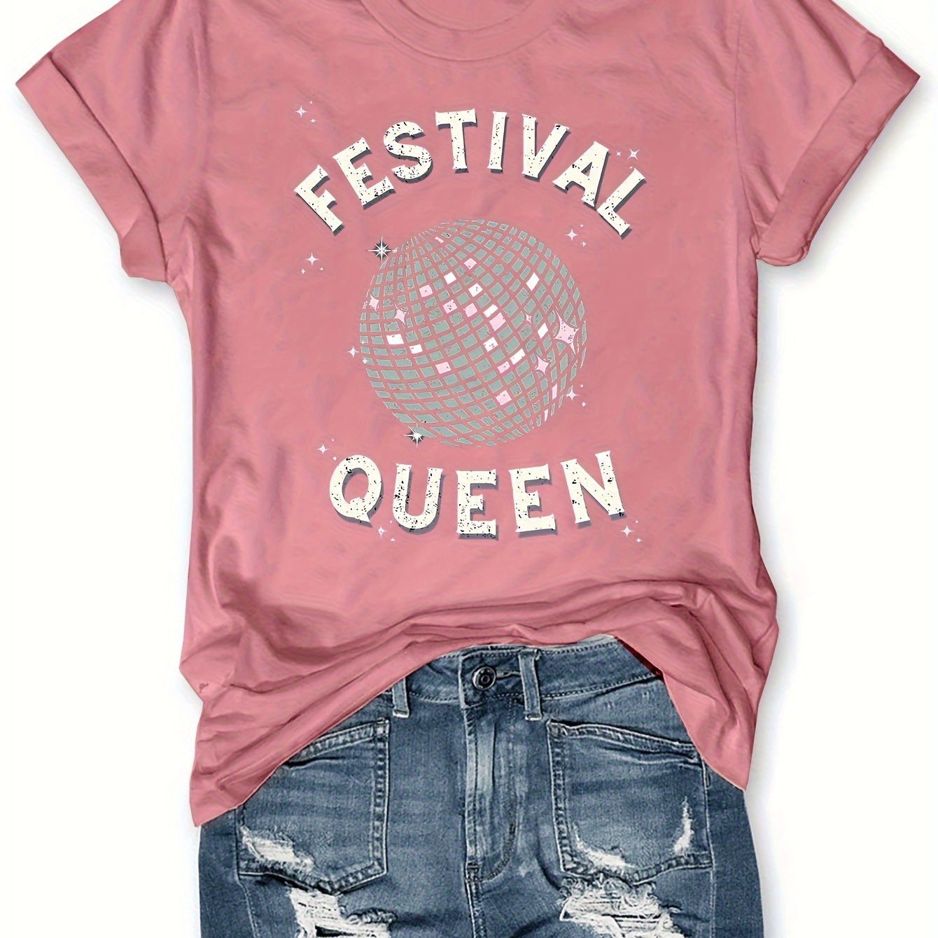 

Festival Queen Print Crew Neck T-shirt, Short Sleeve Casual Top For Summer & Spring, Women's Clothing