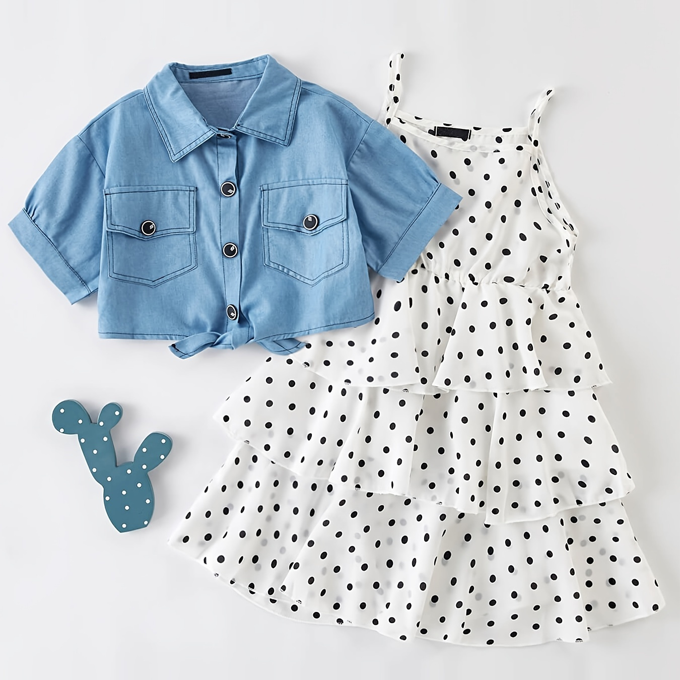 Hibobi 2pcs Girls Casual Denim T-shirt And Polka Dot Print Thin Strap Dress Set Clothes