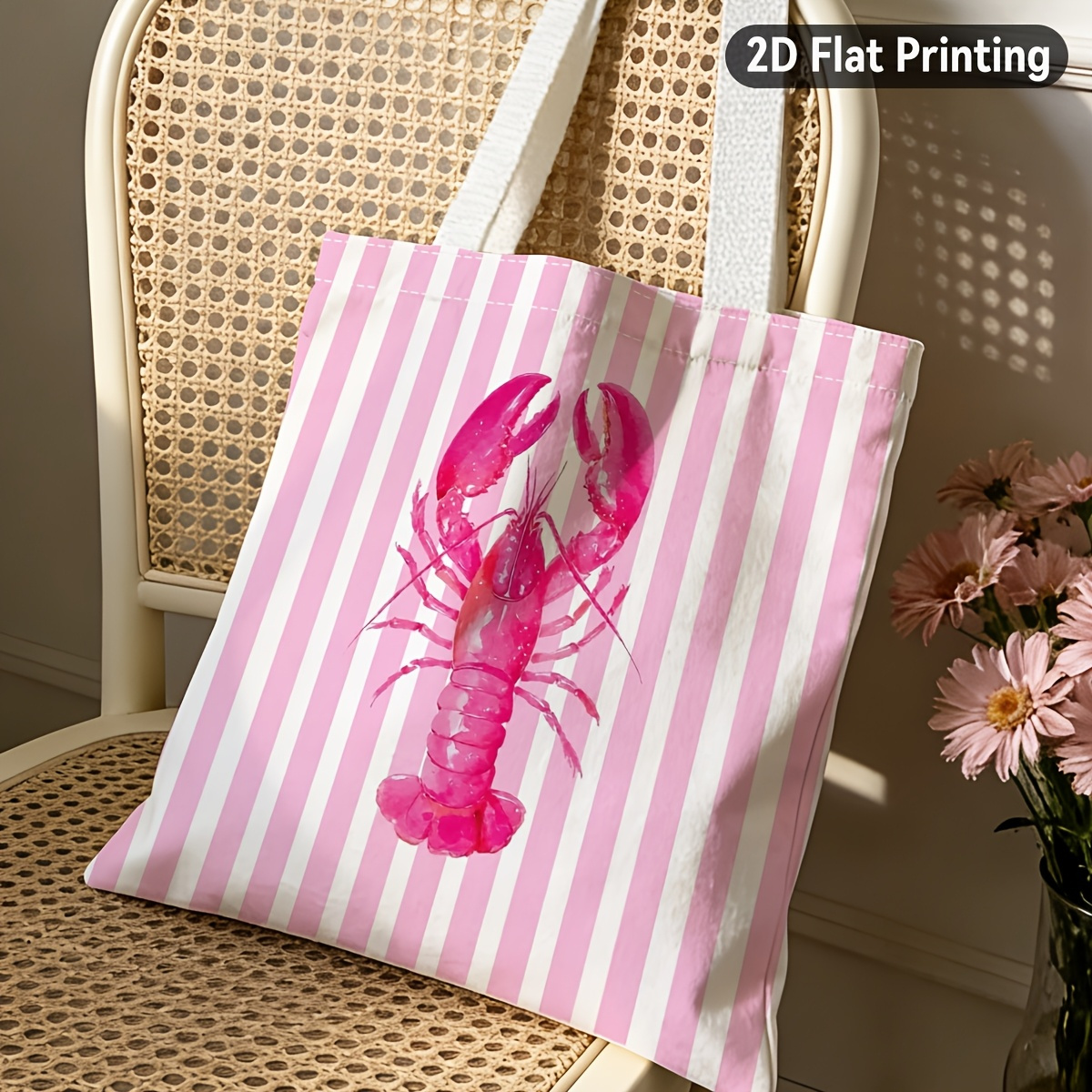 TEMU 1pc Pink Lobster Tote Bag - Vibrant Suitable For Grocery Shopping, Beach Trips, Casual Outfits | Durable Handbag With Duplex Lobster Print,