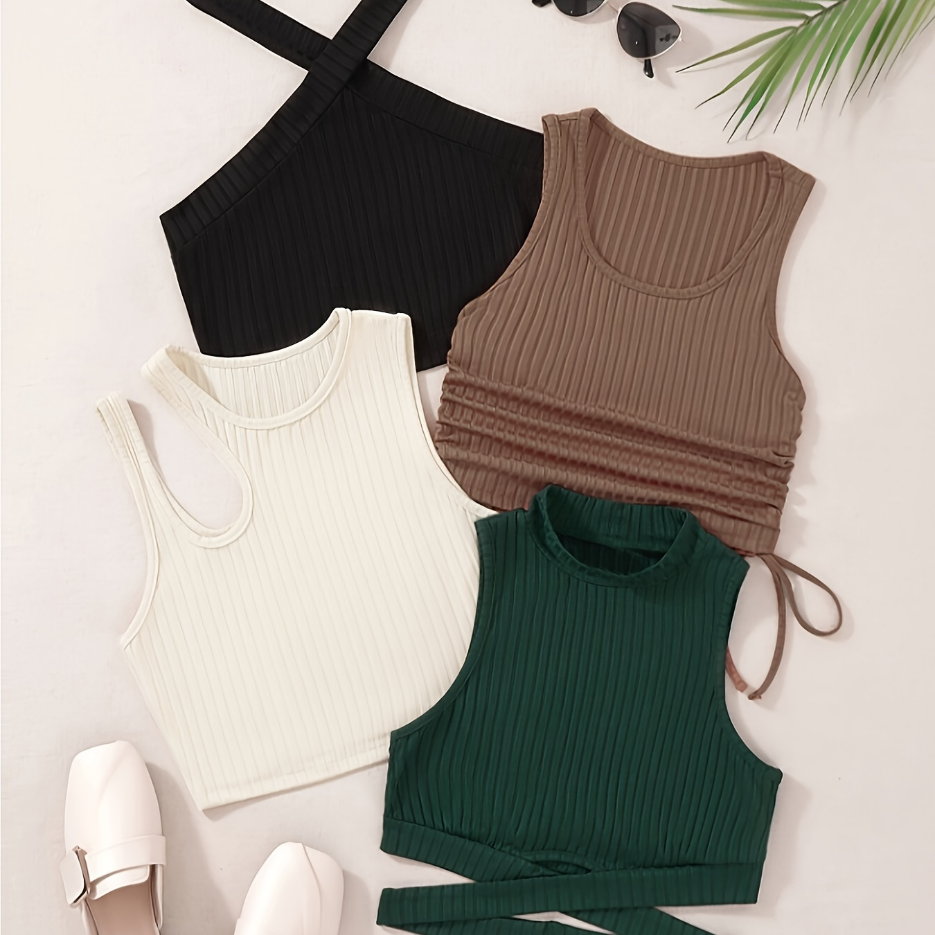 

Solid Ribbed Top 4 Pack, Sexy Sleeveless Summer Top, Women's Clothing