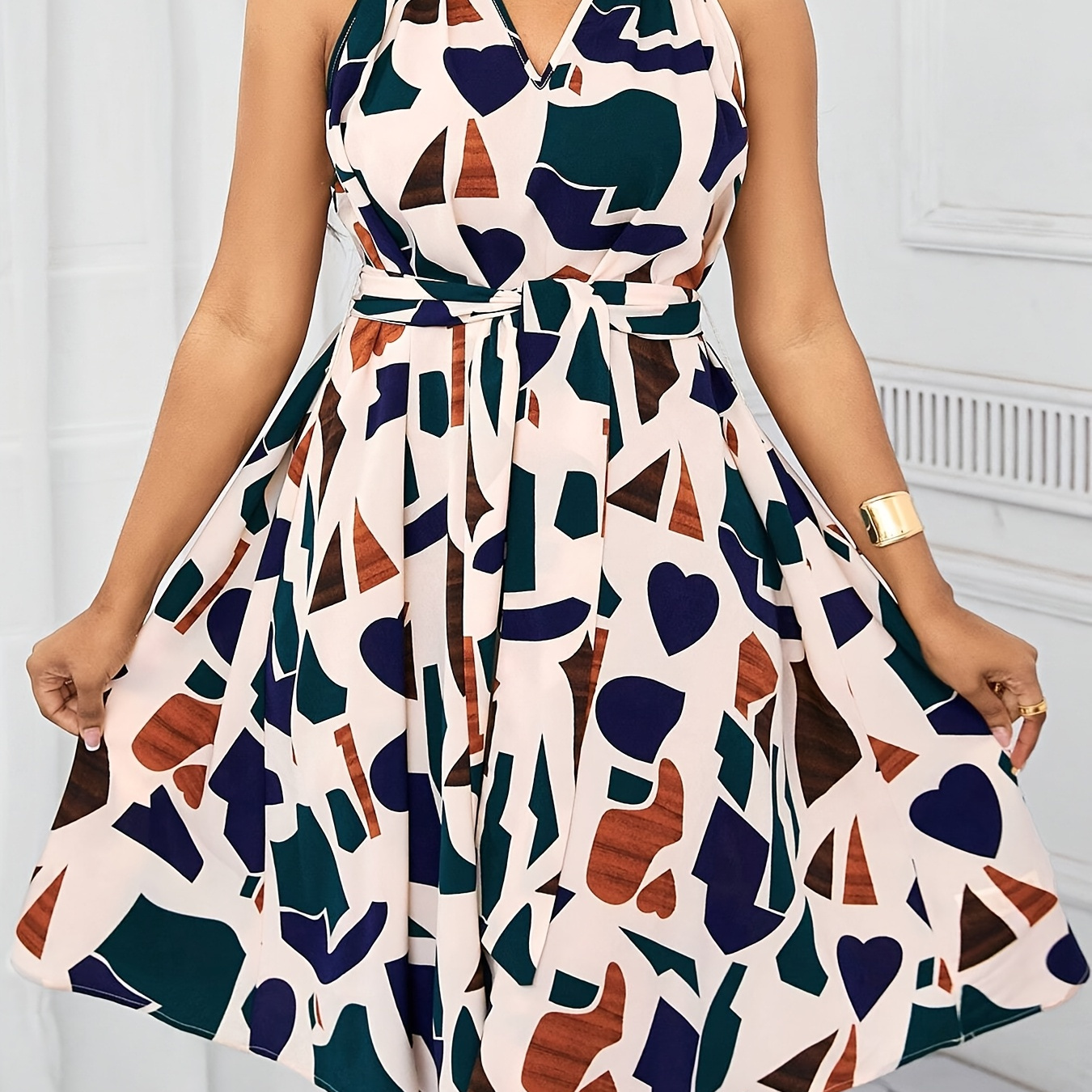 

Plus-size Women's Dress, Elegant Holiday Gown With Geometric Prints And A Bow Waist Design.