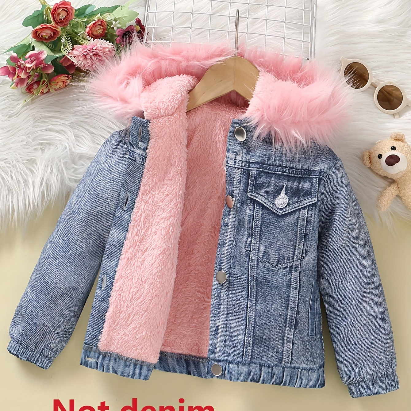 

Sweet Girls Warm Plush Lined Furry Hooded Jacket, Imitation Denim Effect Button-up Cardigan Coat, Fall/winter Clothing