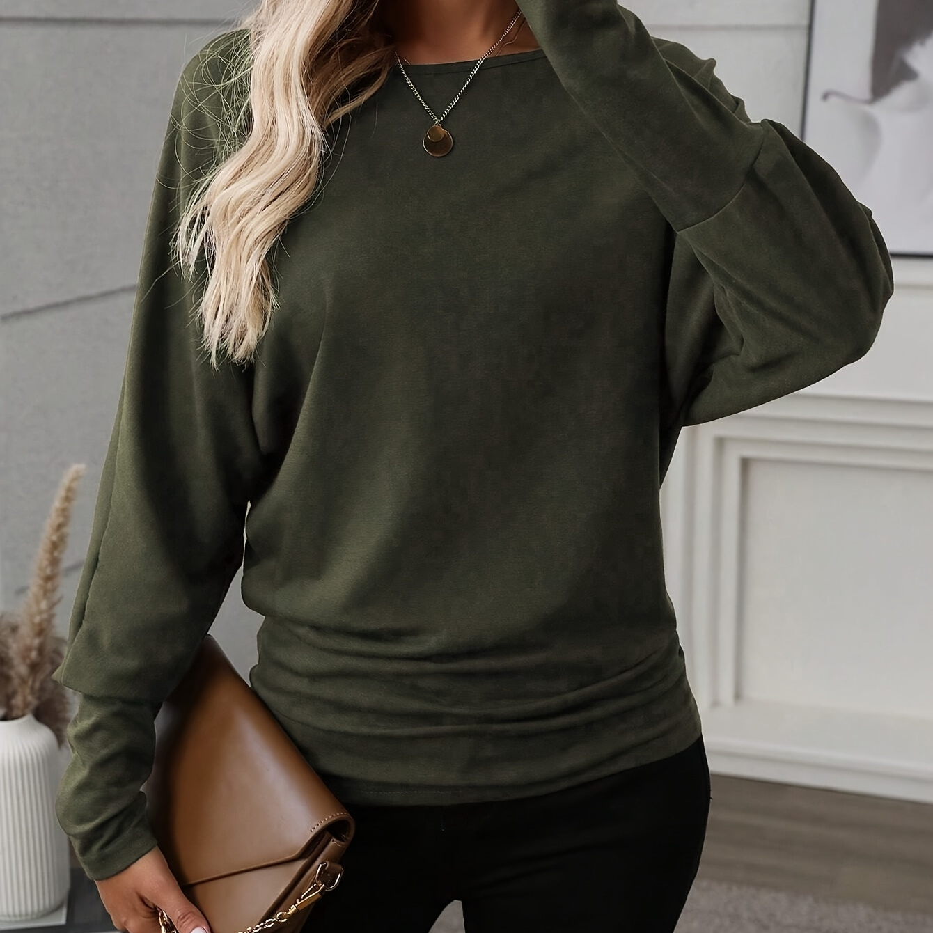 

Women's Autumn Knit T-shirt, Solid Color Crew Neck Batwing Long Sleeve Top With Ruffle Detail, 90% Polyester 10% Elastane, All Season Casual Wear, Casual Wear Top|solid Color Apparel| Material