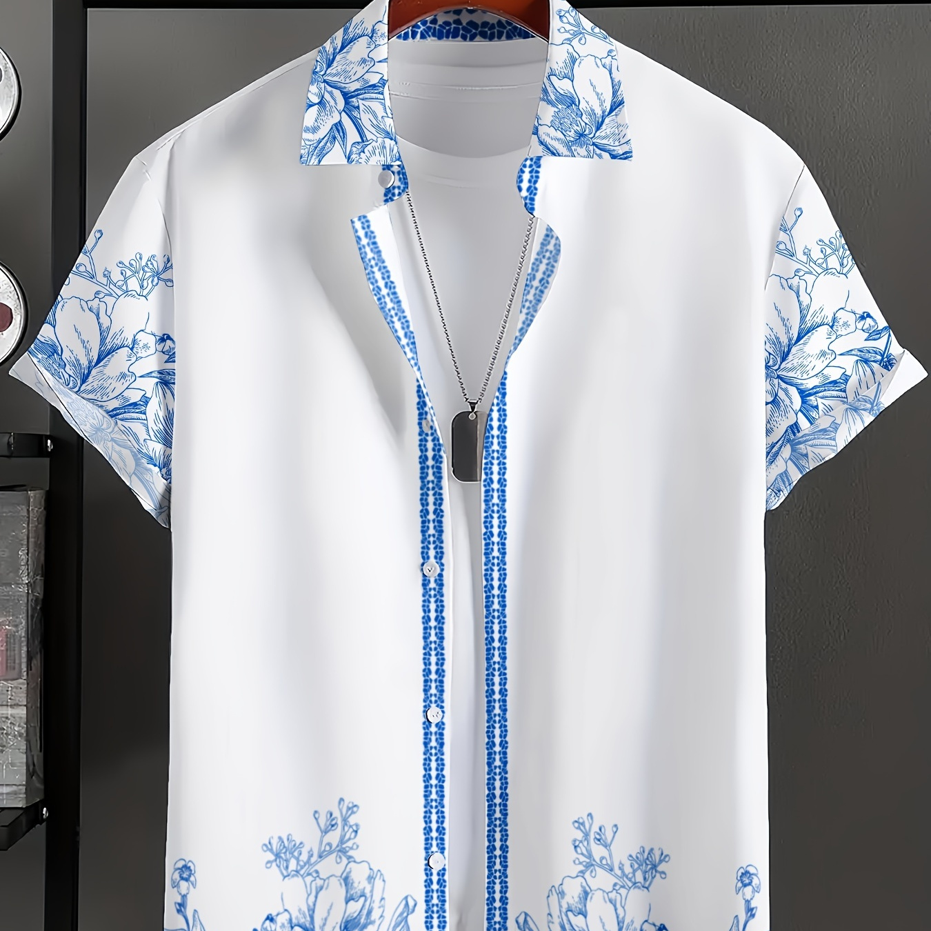 

Chemise Décontractée à Imprimé Floral Vintage pour Homme - Manches Courtes, Polyester Respirant, Col Boutonné, Lavable en Machine - Parfaite pour /Automne