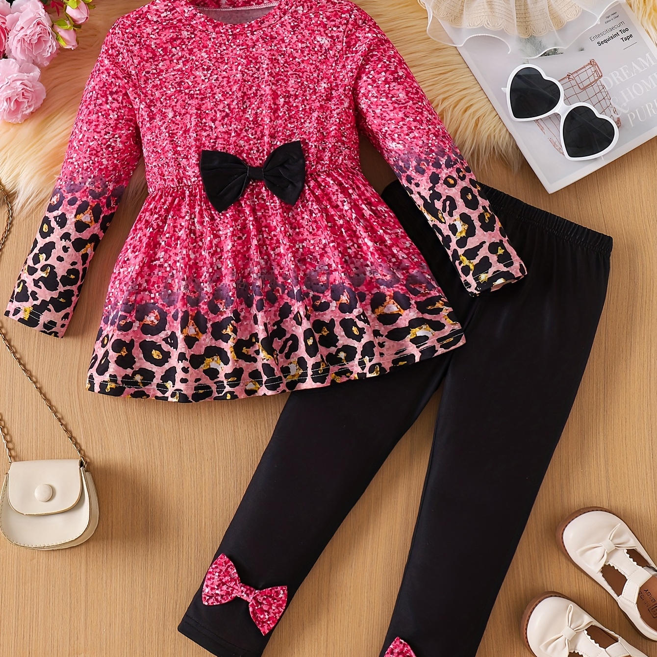 

Cute Outfit Bowknot Long-sleeve Leopard Print Peplum Top + Slim Pants Girl's 2pcs/set Spring & Fall Clothes Gift