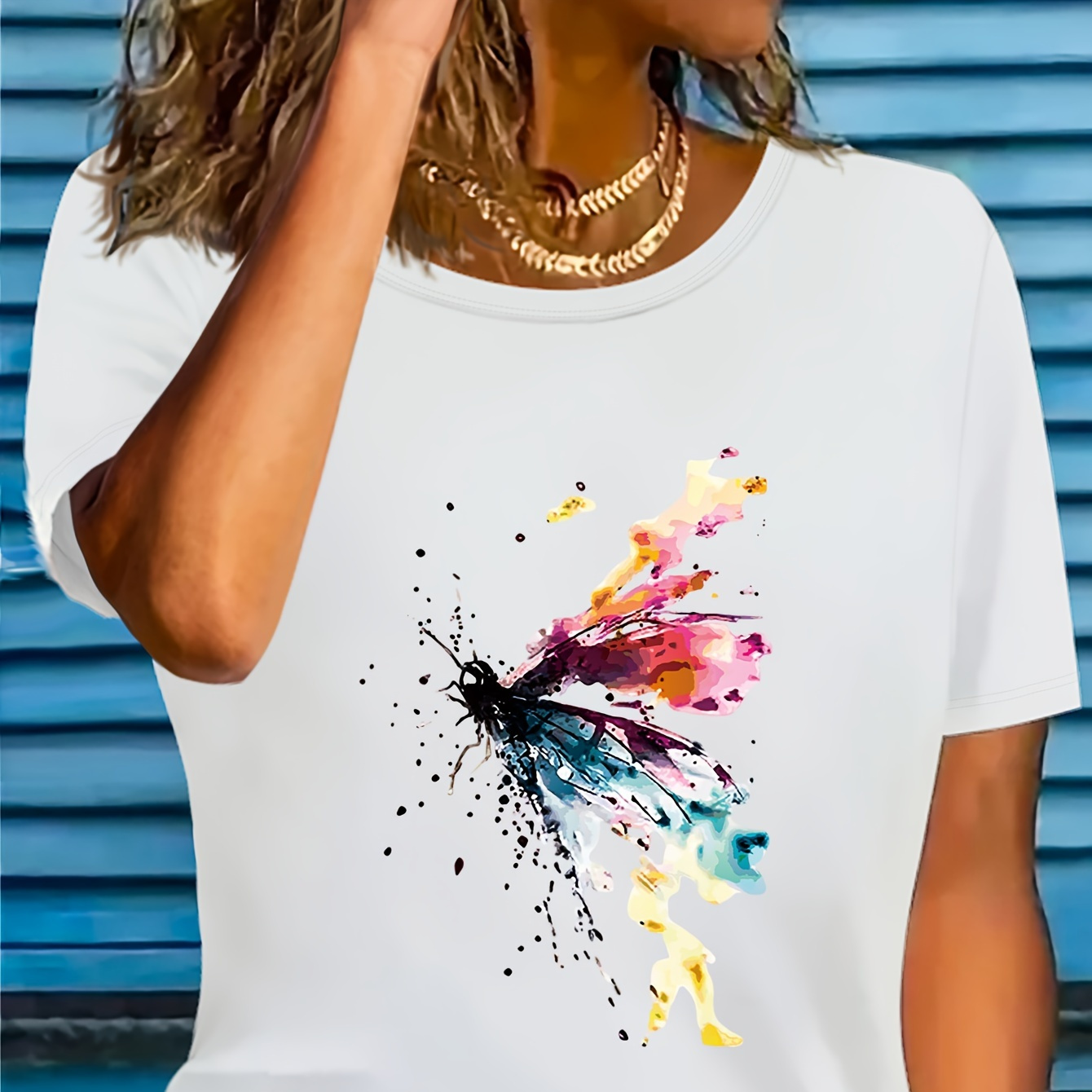 

Dragonfly Print T-shirt, Short Sleeve Crew Neck Casual Top For Summer & Spring, Women's Clothing