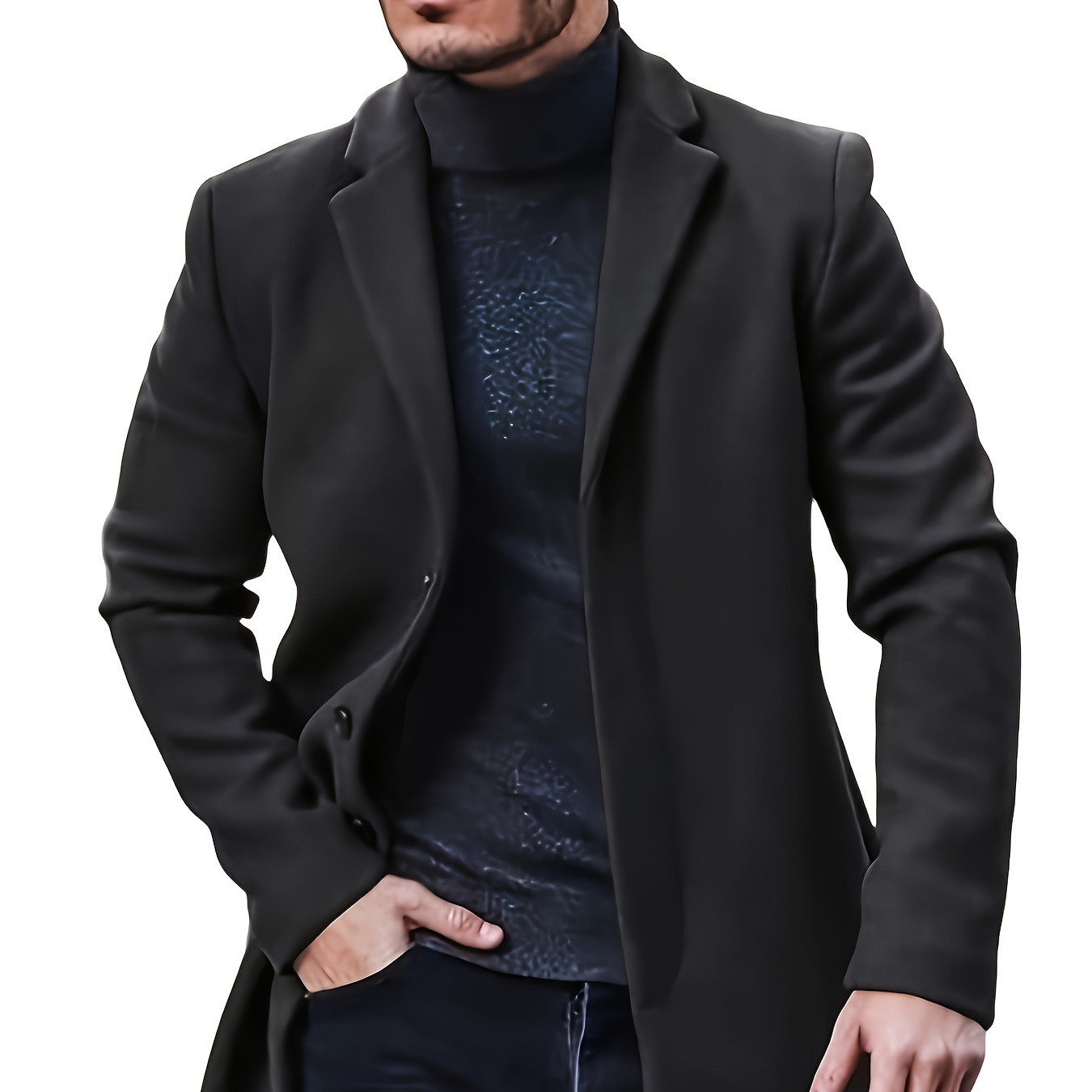 

Elegant Men'-breasted Trench Coat - Casual For Fall/winter, Polyester, Non-stretch Fabric With Lapel Collar & Pockets