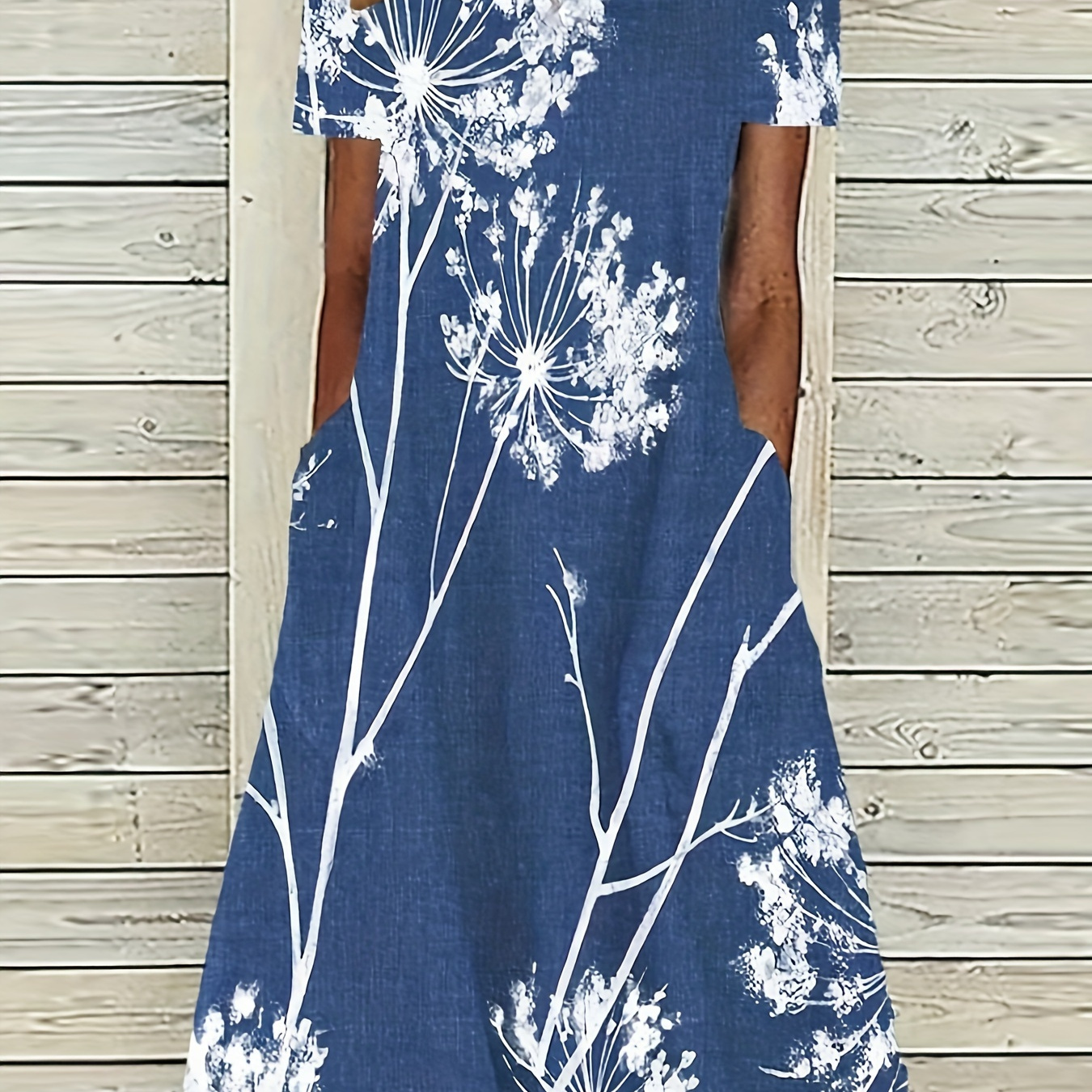 

Robe à imprimé floral avec encolure dégagée, robe vintage à manches courtes avec poches pour le printemps et l'été, vêtements pour femmes