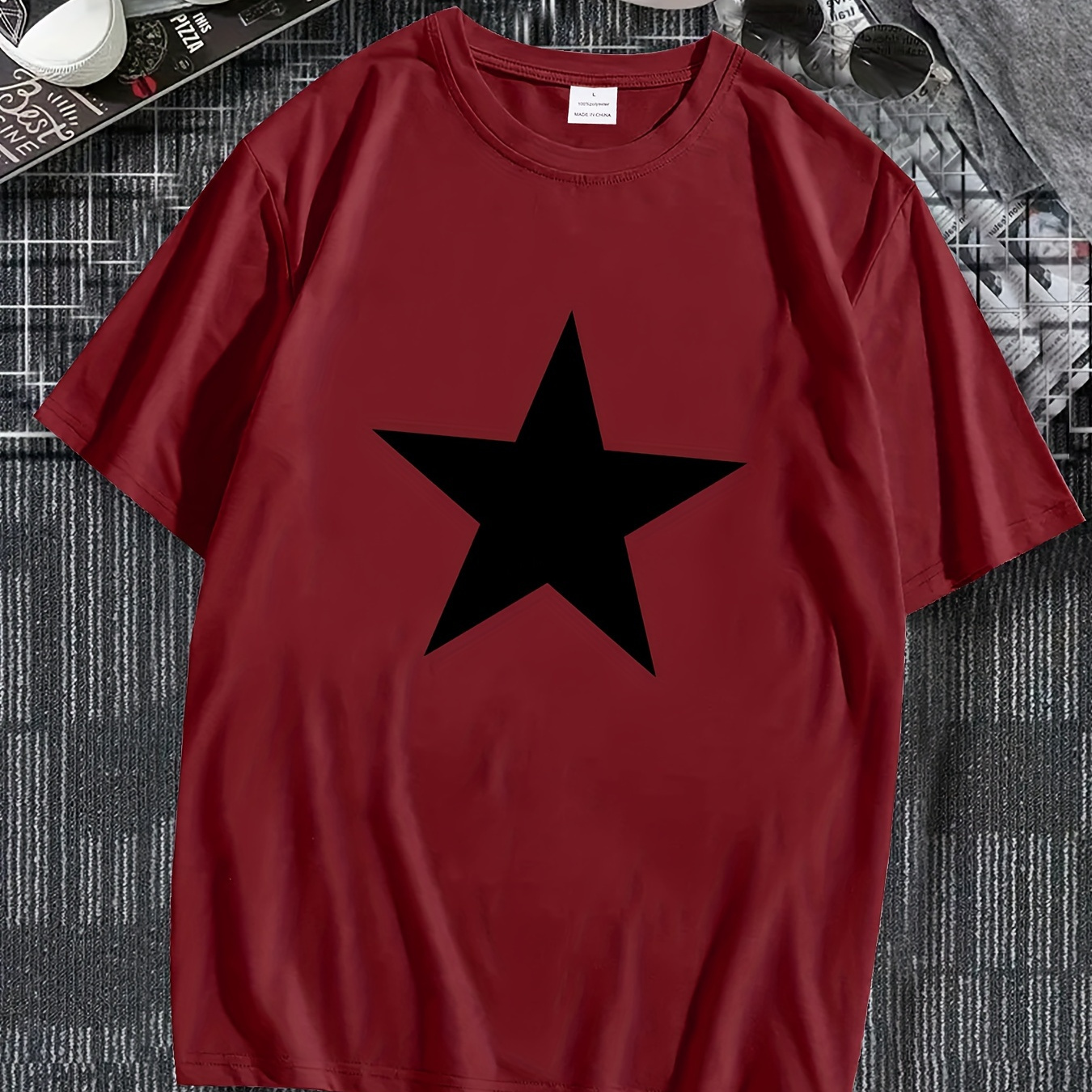 

T-shirt à manches courtes et col rond avec imprimé graphique étoile pour homme, T-shirt décontracté d'été pour un usage quotidien et les stations de vacances