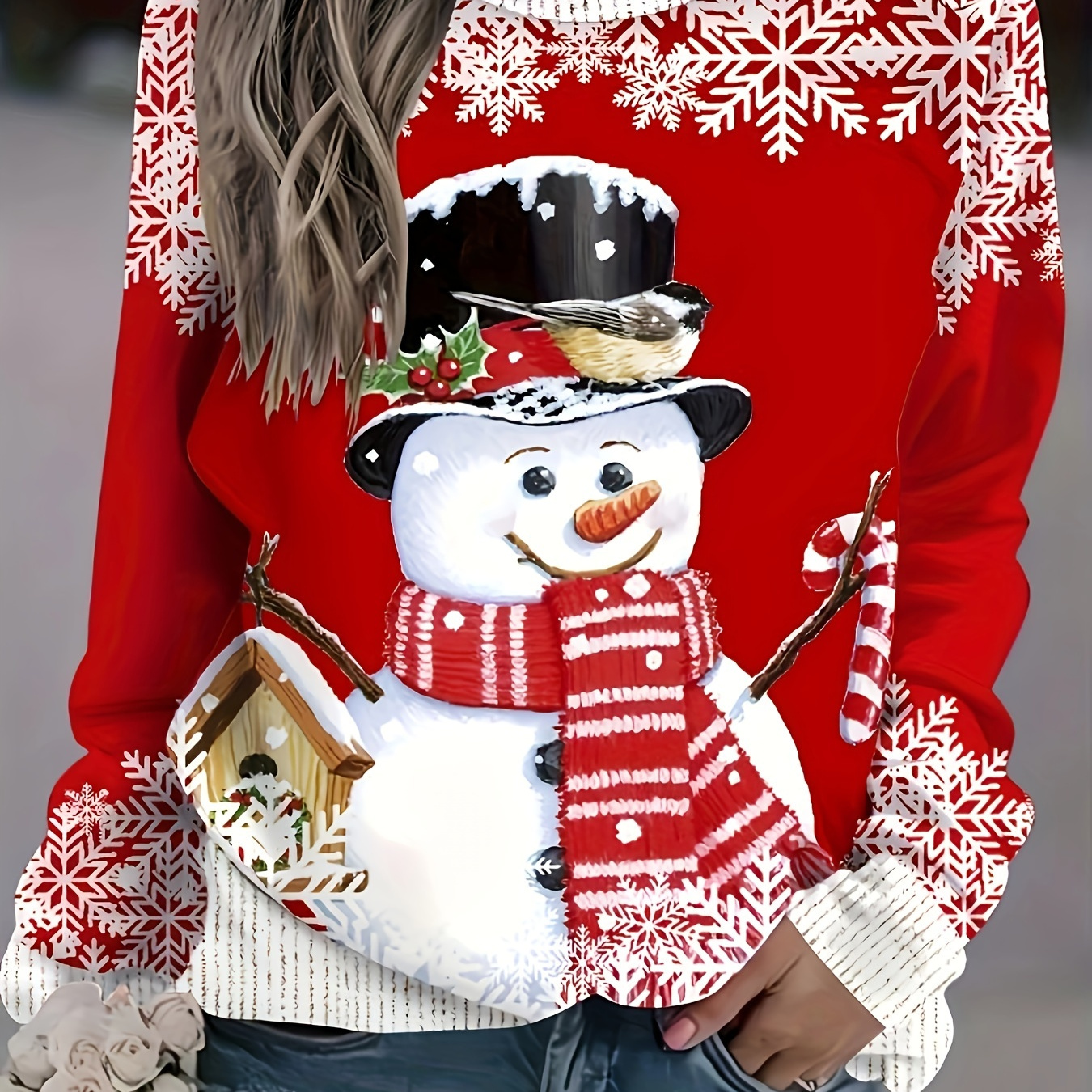 

Women's Long Sleeve Christmas Sweater, Cute Snowman Print, Polyester Knit, Round Neck, Regular Length, Fashion T-shirt For Fall/winter