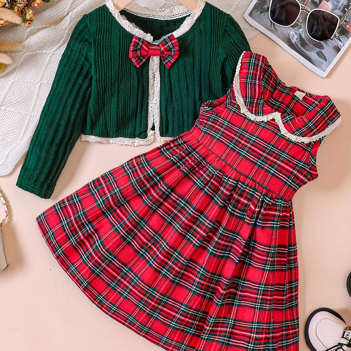 

Girls 2pcs Christmas Sets Ribbed Knit Cardigan With Bow & Plaid Sleeveless Collar Dress Set For Christmas, Party, Fall