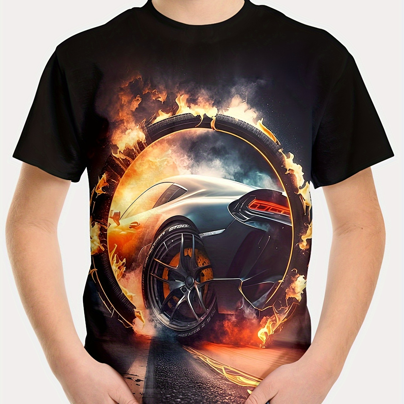 

Cool Car & Fire Ring 3d Print Boy's Casual T-shirt, Short Sleeve Comfy Tee Tops, Summer Outdoor Sports Clothing