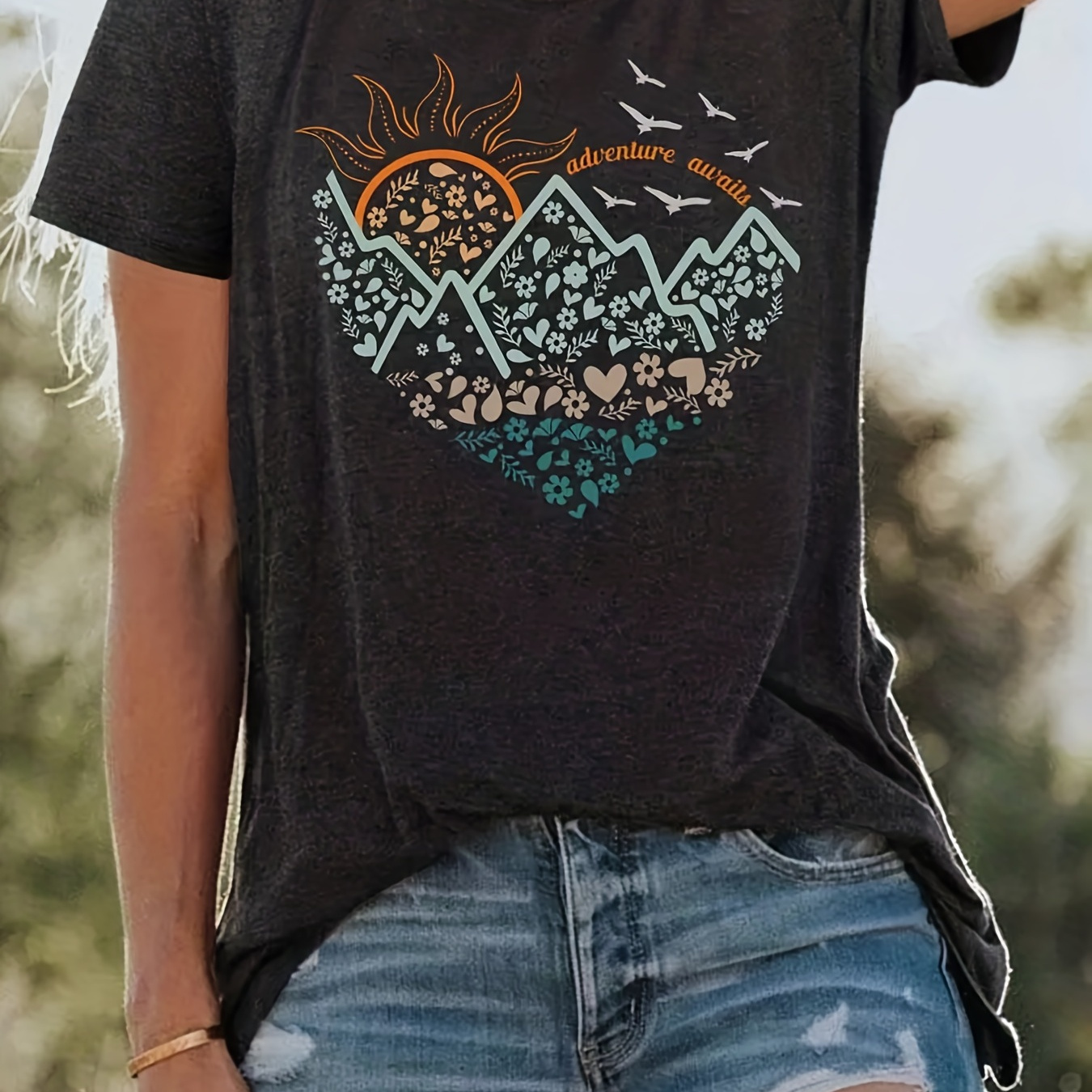 

Heart Sun Print T-shirt, Casual Crew Neck Short Sleeve Summer T-shirt, Women's Clothing