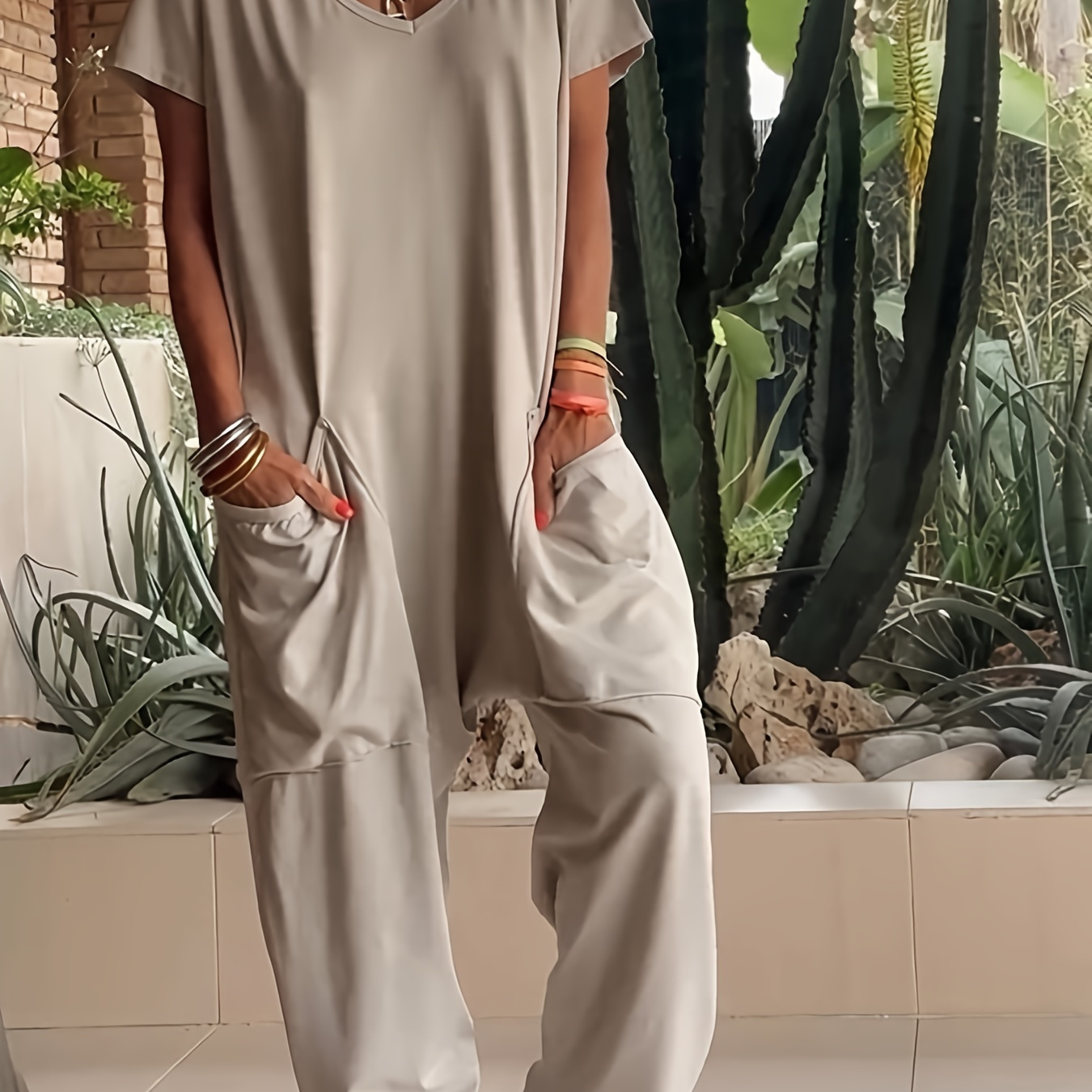 

Women' -neck Baggy Romper With Pockets - Casual Solid Color Polyester Jumpsuit For Spring/summer, Comfortable And Stylish, Ladies Rompers And Jumpsuits