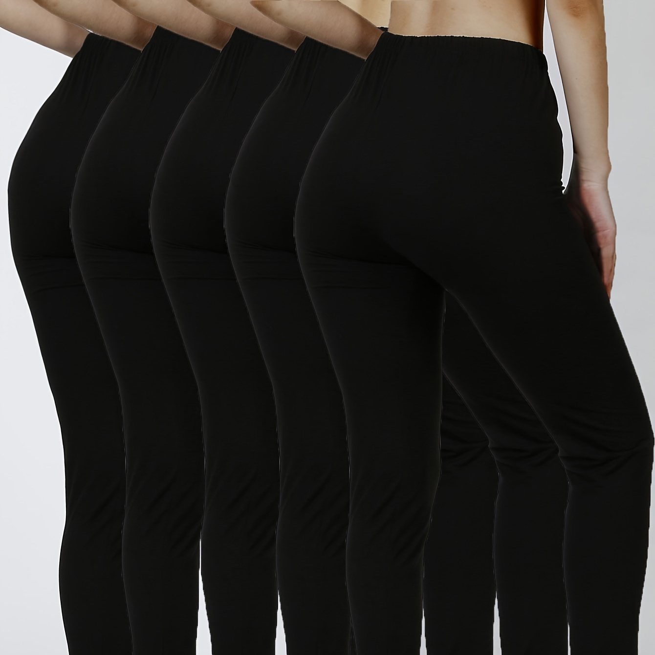 

5pcs Leggings d'entraînement taille haute de couleur unie, leggings skinny extensibles décontractés pour tous , vêtements pour femmes