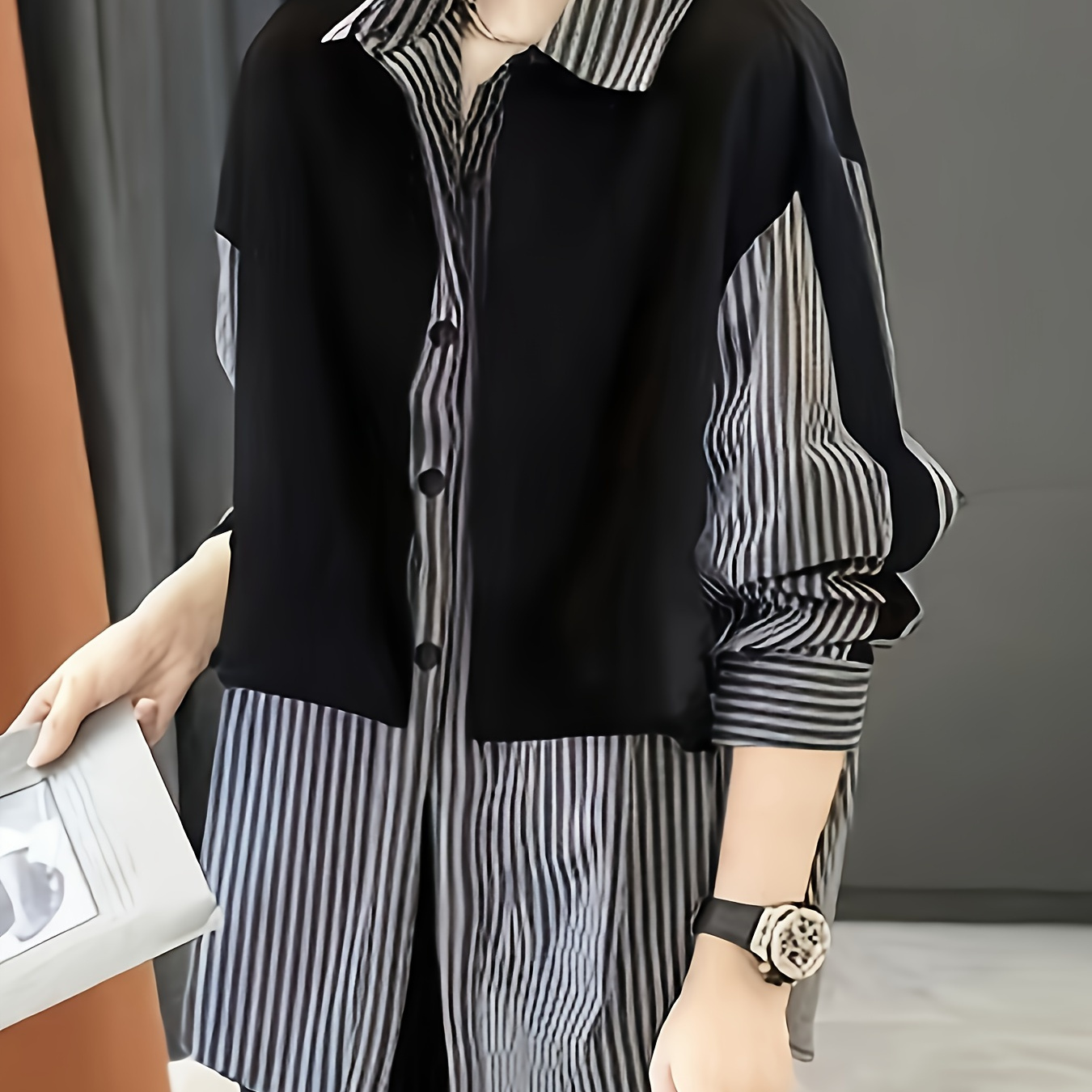 TEMU Striped Print Color Block Shirt, Elegant Single Breasted Splicing Shirt For Spring & Fall, Women's Clothing