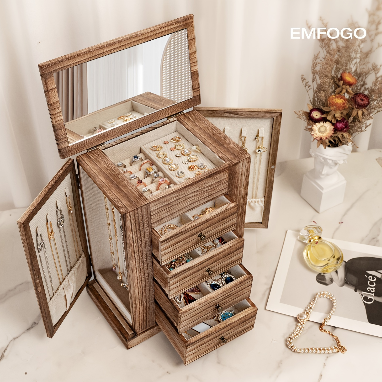 Honiway Jewelry Box for Women Jewelry Organizer with 6 Compartments and  Mirror Rustic Wooden Jewelry Holder for Necklace Bracelet Earring Ring