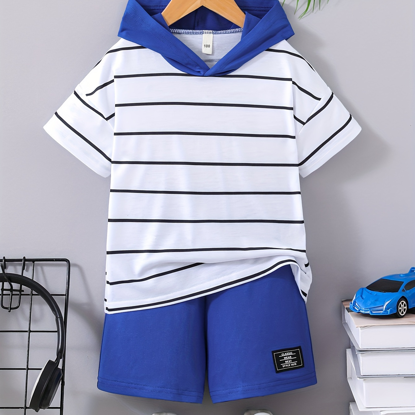 

2pcs Boys Casual Striped Short Sleeve Hooded T-shirt & Shorts Set, Comfy Summer Boys Clothes