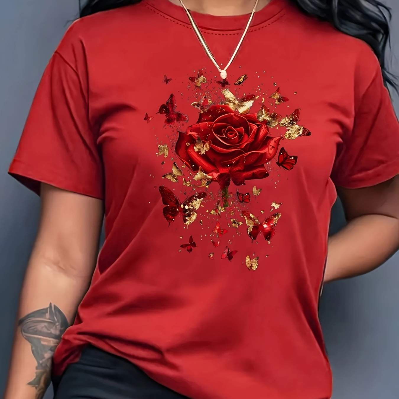 

Women's Floral & Print T-shirt, Casual Crew Neck, Short Sleeve, Knit Polyester, Regular Length, All Tee - 100% Polyester, 180gsm