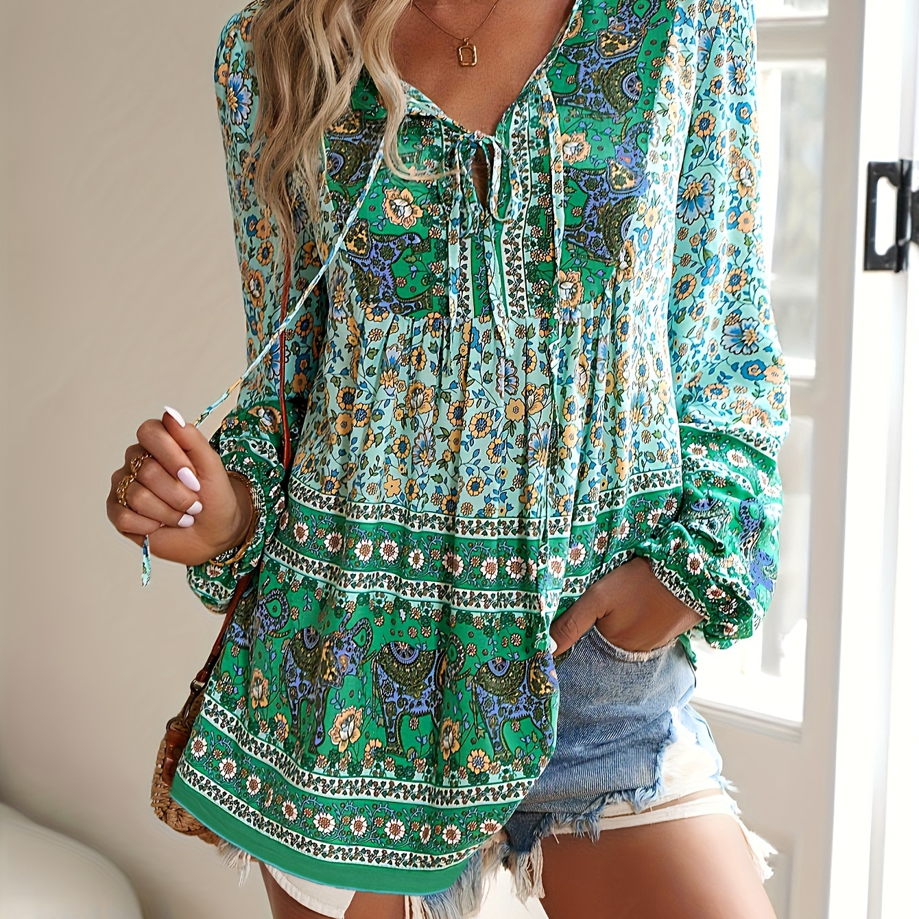 

Ethnic Floral Print V Neck Blouse, Casual Long Sleeve Blouse For Spring & Fall, Women's Clothing