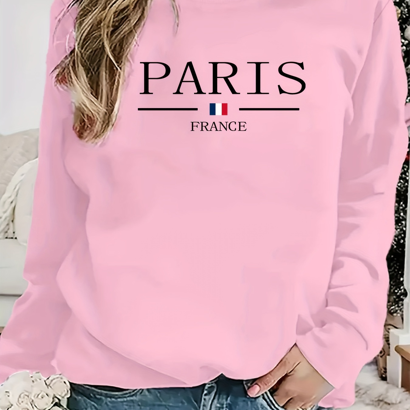 

Women's Casual Crew Neck Sweatshirt With Paris Lettering - Simple Pattern Print, Fashionable Long Sleeve Pullover, Ribbed Cuffs And Hem For Fall