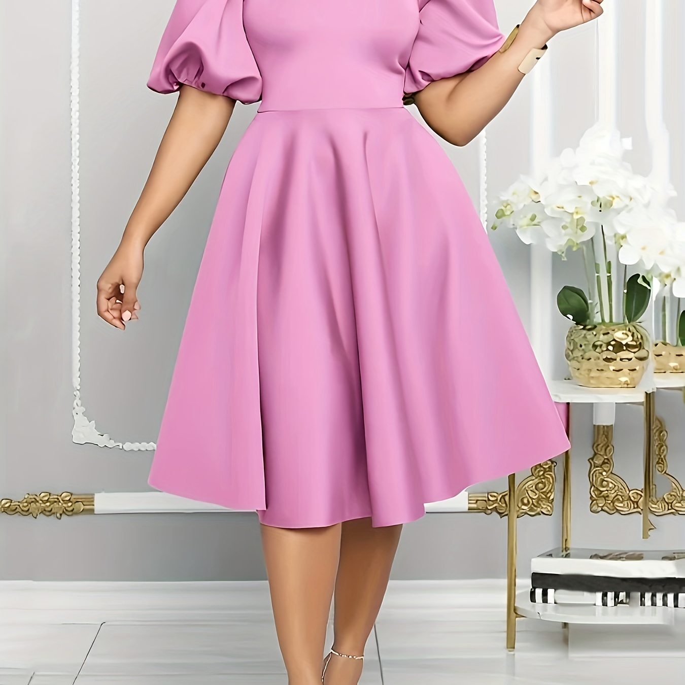 

Solid Color Ruffle Hem Aline Dress, Elegant Puff Sleeve Solid Color Dress For Party & Baquet, Women's Clothing