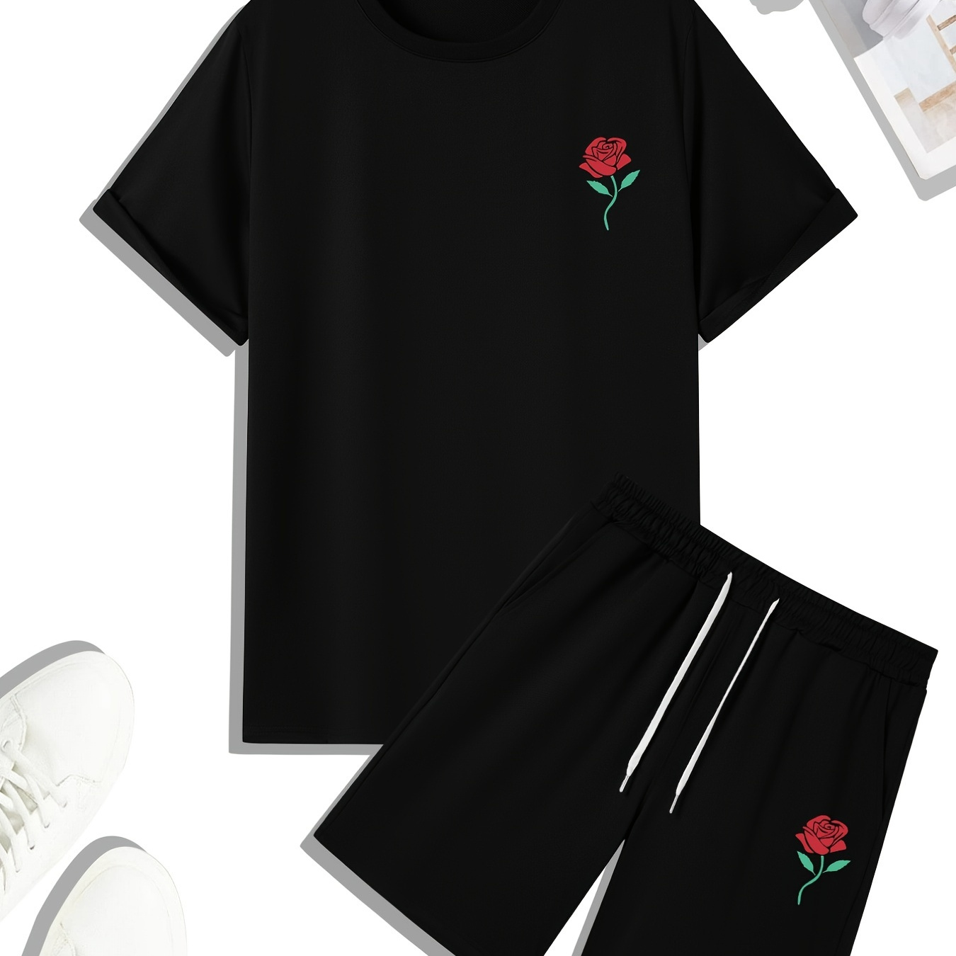 

Men's Outfit Set, Rose Graphic Tee & Drawstring Shorts, Teenager 2 In 1 Sports Wear For Summer Gym Workout Outdoor Jogging