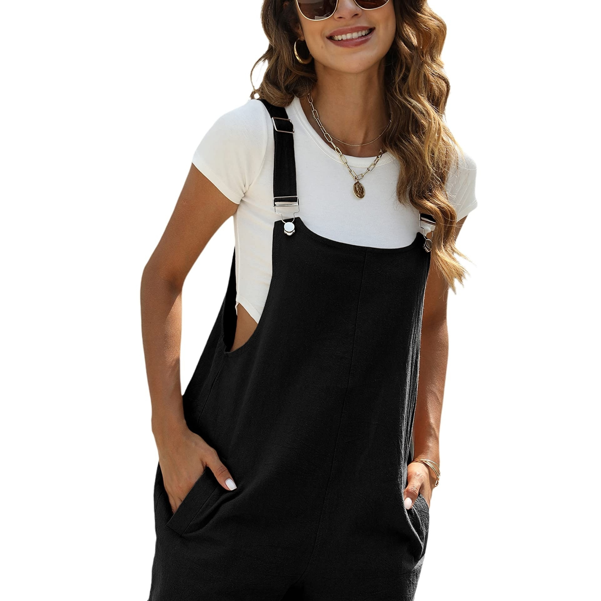 

Solid Cami Jumpsuit, Casual Sleeveless Comfy Short Length Jumpsuit With Pockets, Women's Clothing