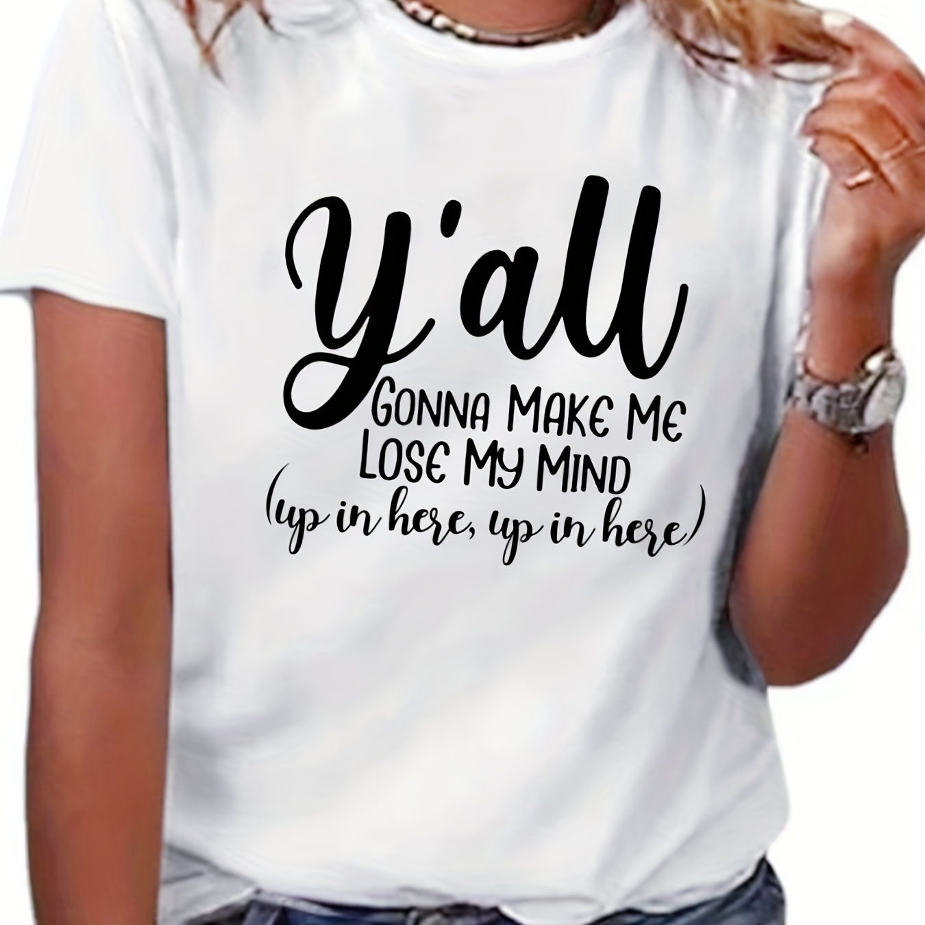 

Plus Size Casual T-shirt, Women's Plus Letter Print Short Sleeve Round Neck Slight Stretch T-shirt