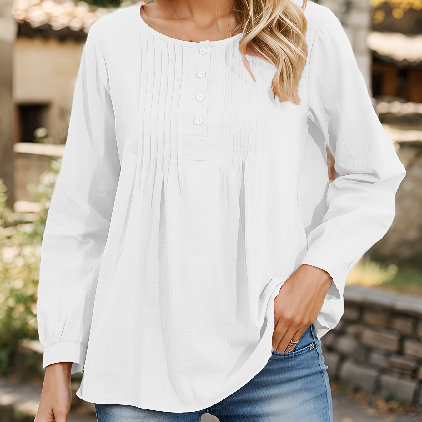 

1pc Crew Neck Long Sleeve Solid Color Polyester Shirt With Pleated Detail And Textured Knit Pattern - All Season Casual Top